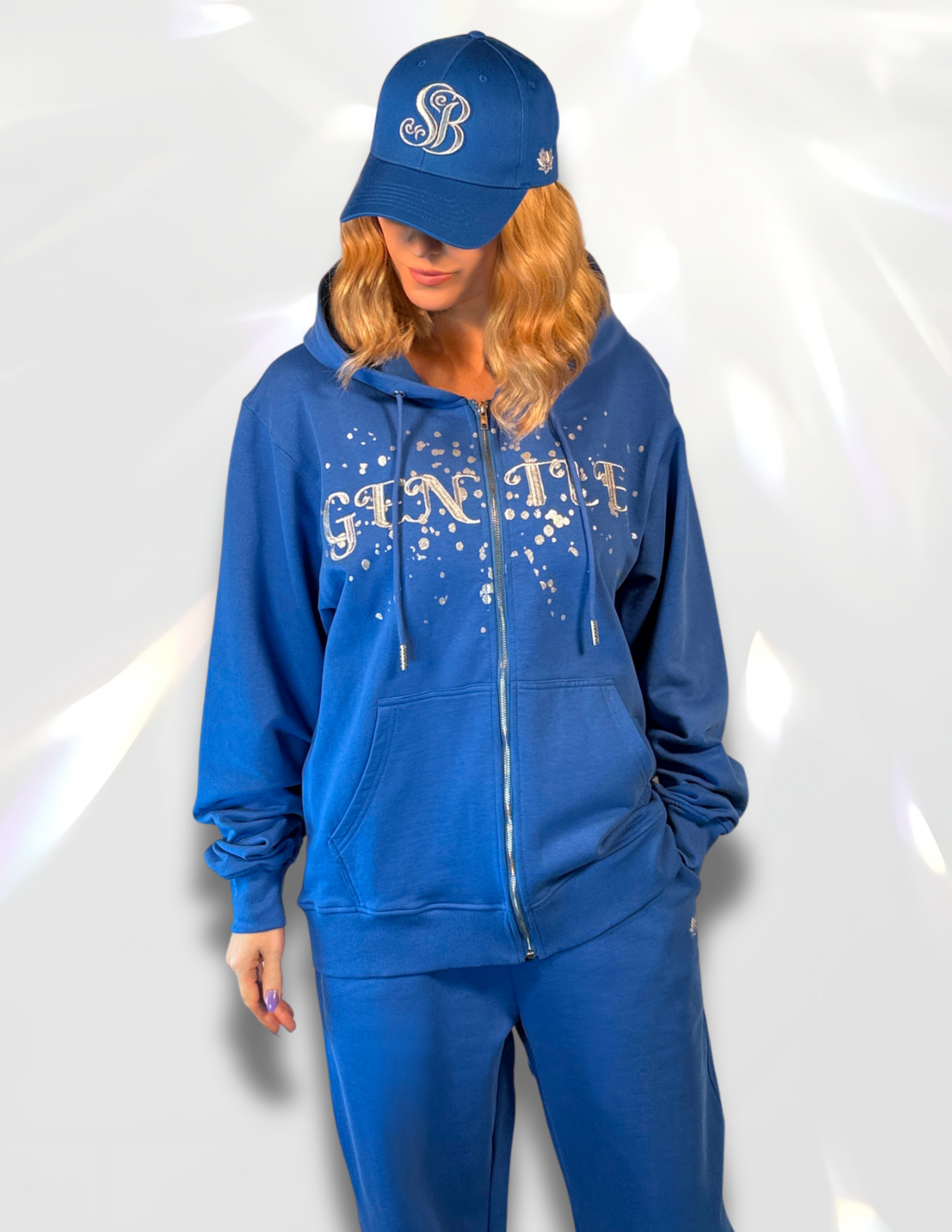 Royal Blue Gentle Hoodie – butterfly and lotus silver DTF print with glitter embroidery