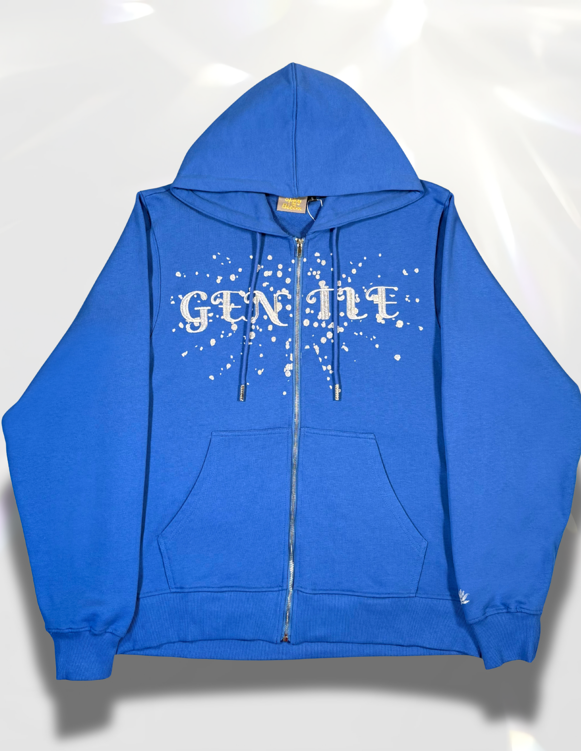 Close-up “Gentle” silver glitter embroidery on royal blue French Terry cotton hoodie