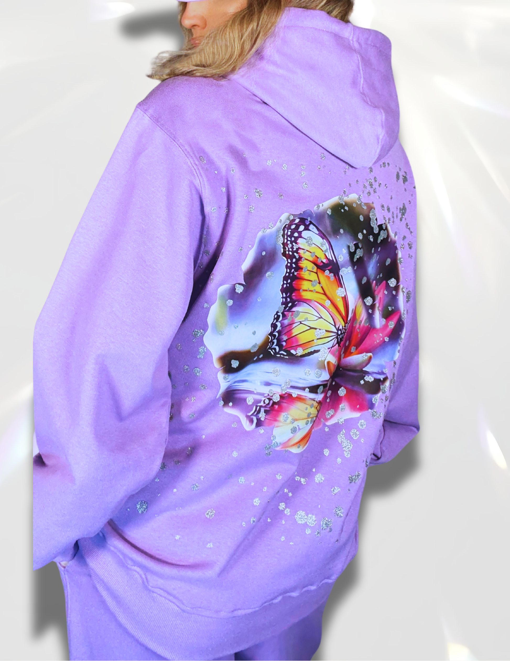 Gentle Oversized Lilac Hoodie – butterfly DTF print and Silver print by Spicy Bloom