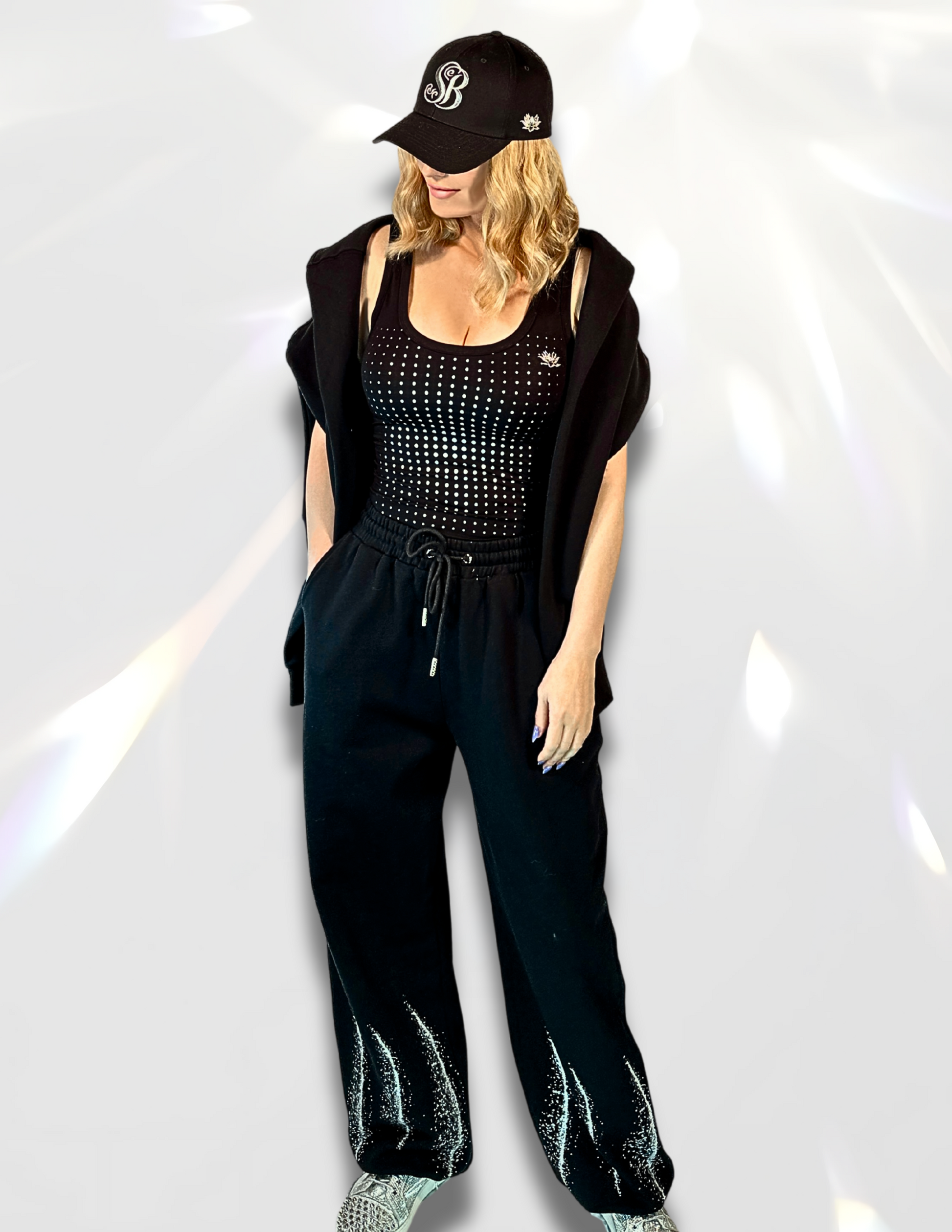 Moon Silver Glow Print Oversized Black Sweatpants – metallic French Terry women’s matching set by Spicy Bloom.