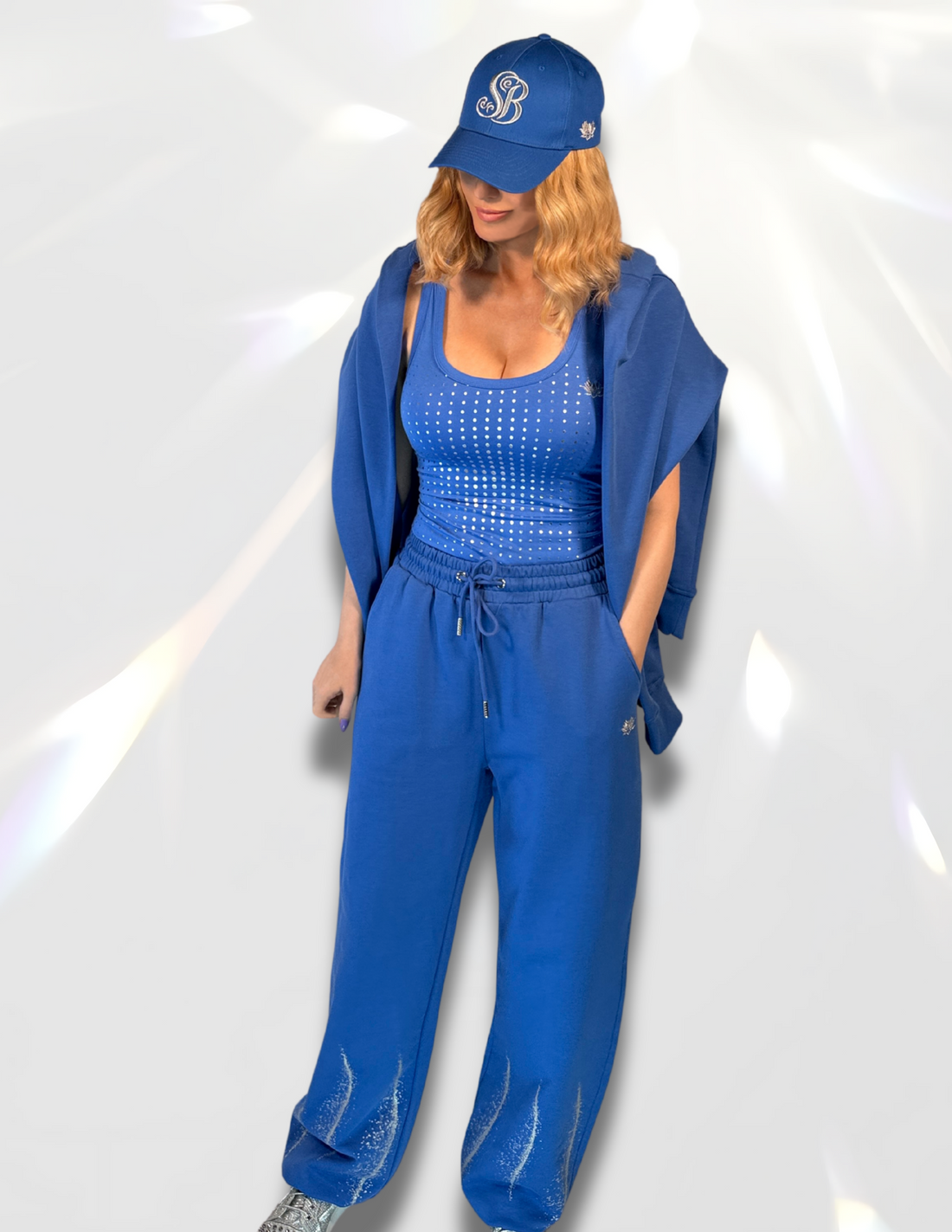 Moon Silver Glow Royal blue Sweatpants – metallic French Terry women’s matching set by Spicy Bloom.