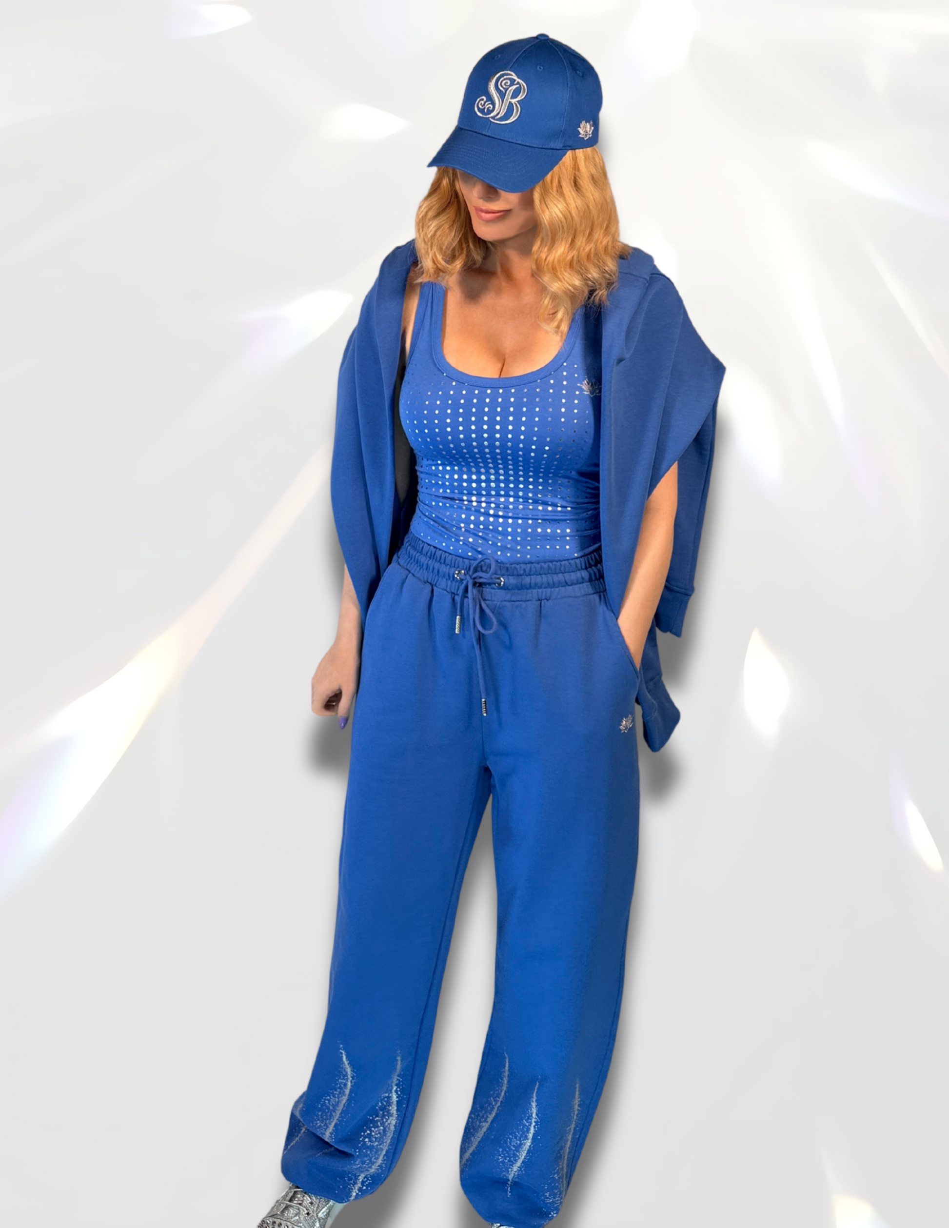Moon Silver Glow Royal blue Sweatpants – metallic French Terry women’s matching set by Spicy Bloom.