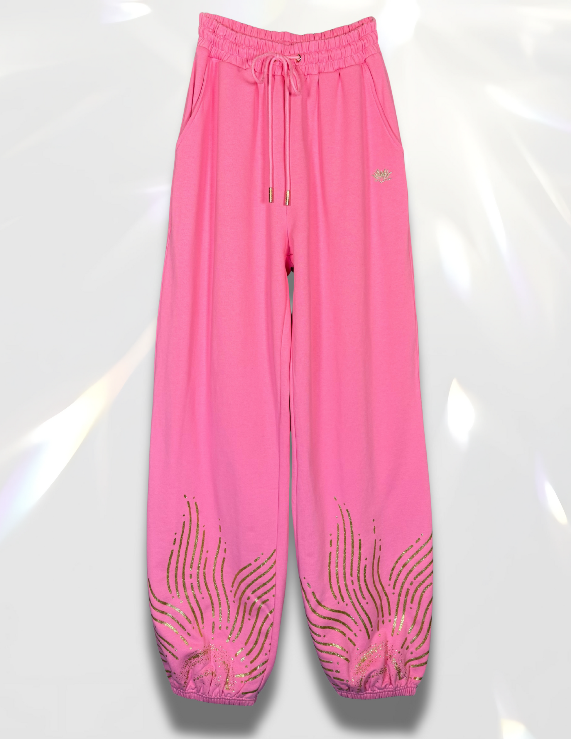 Oversized sweatpants with gold sparkle glitter printed design by Spicy Bloom.