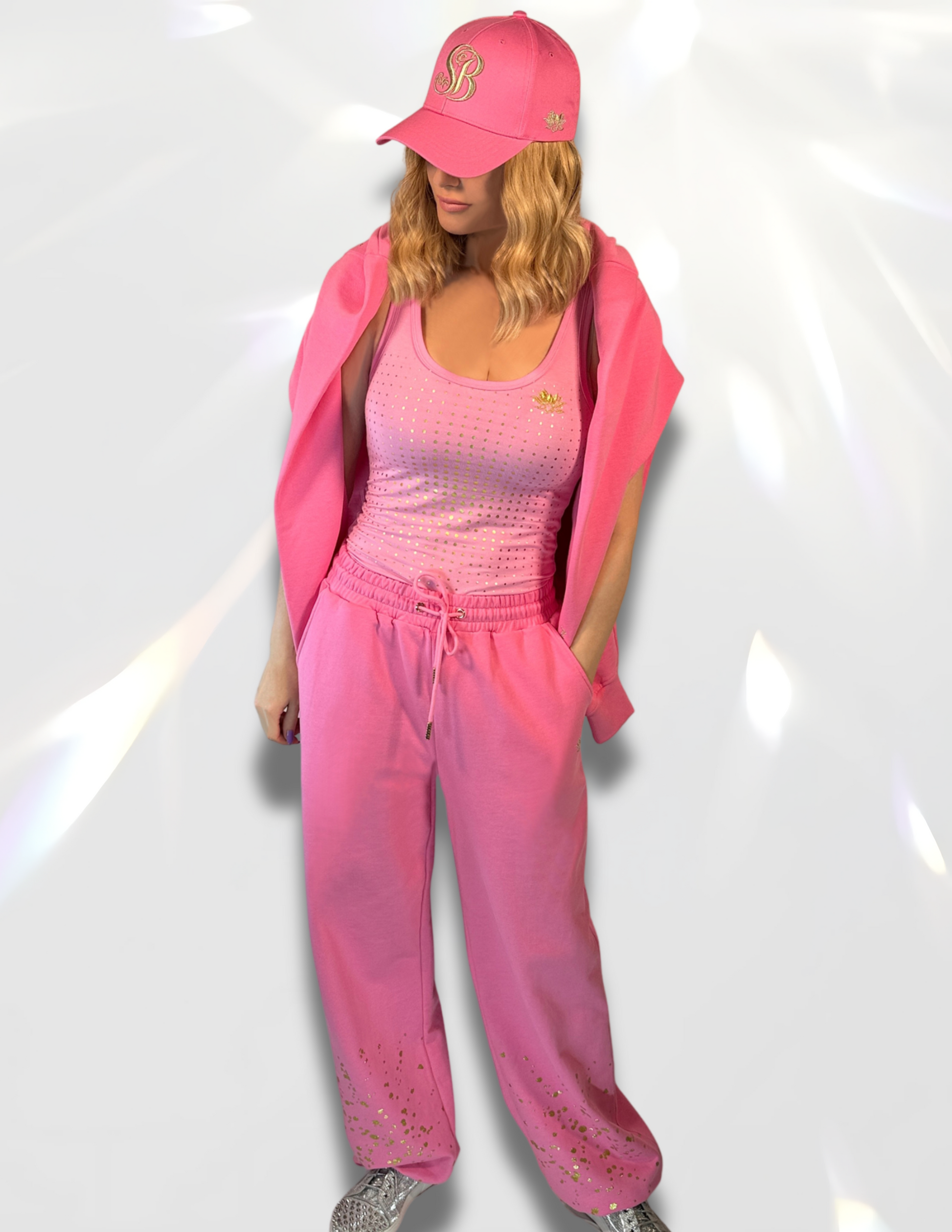 Gold glitter printed pants with matching top, hoodie and hat by Spicy Bloom