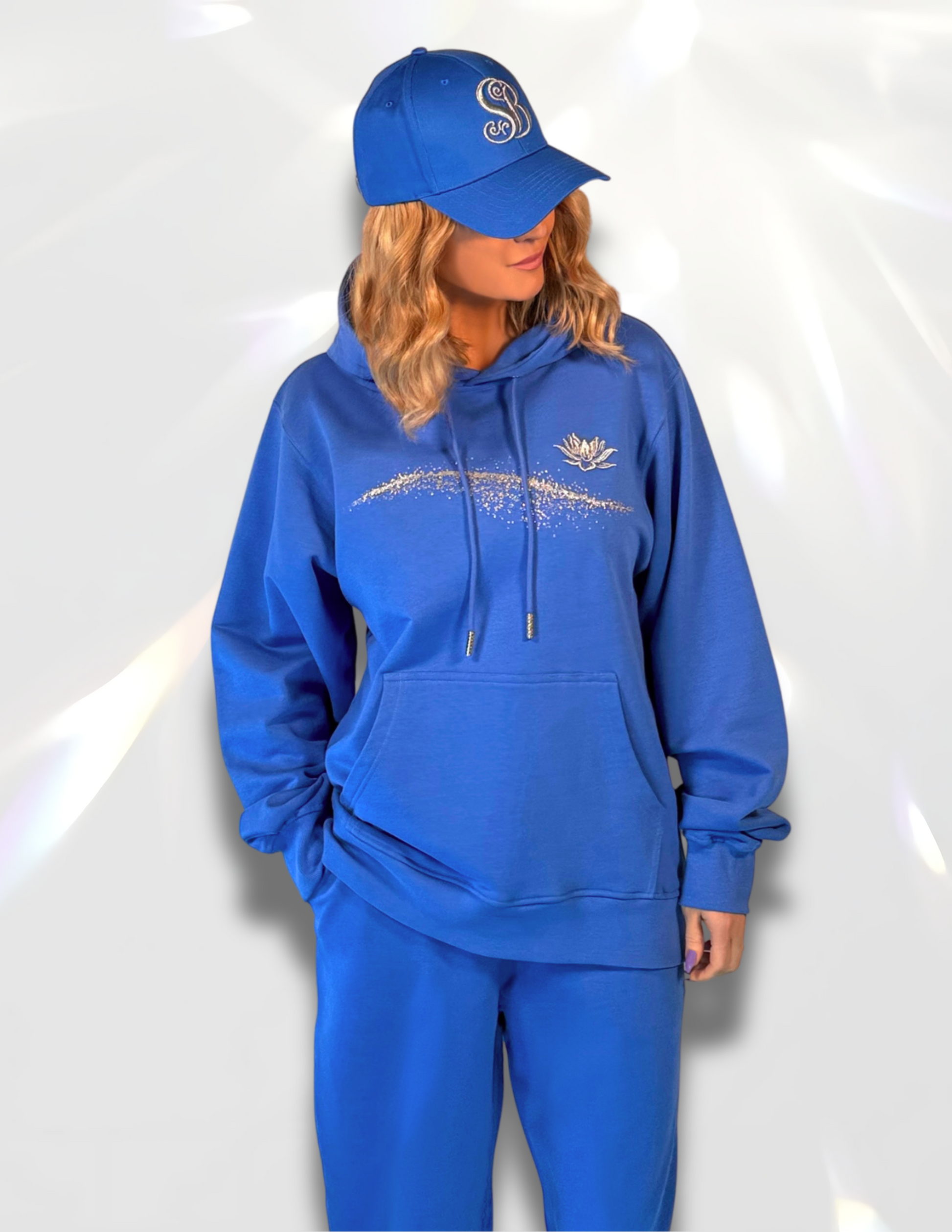 Silver metallic print and embroidery royal blue hoodie  styled as a matching set – Moon Silver Glow by Spicy Bloom.