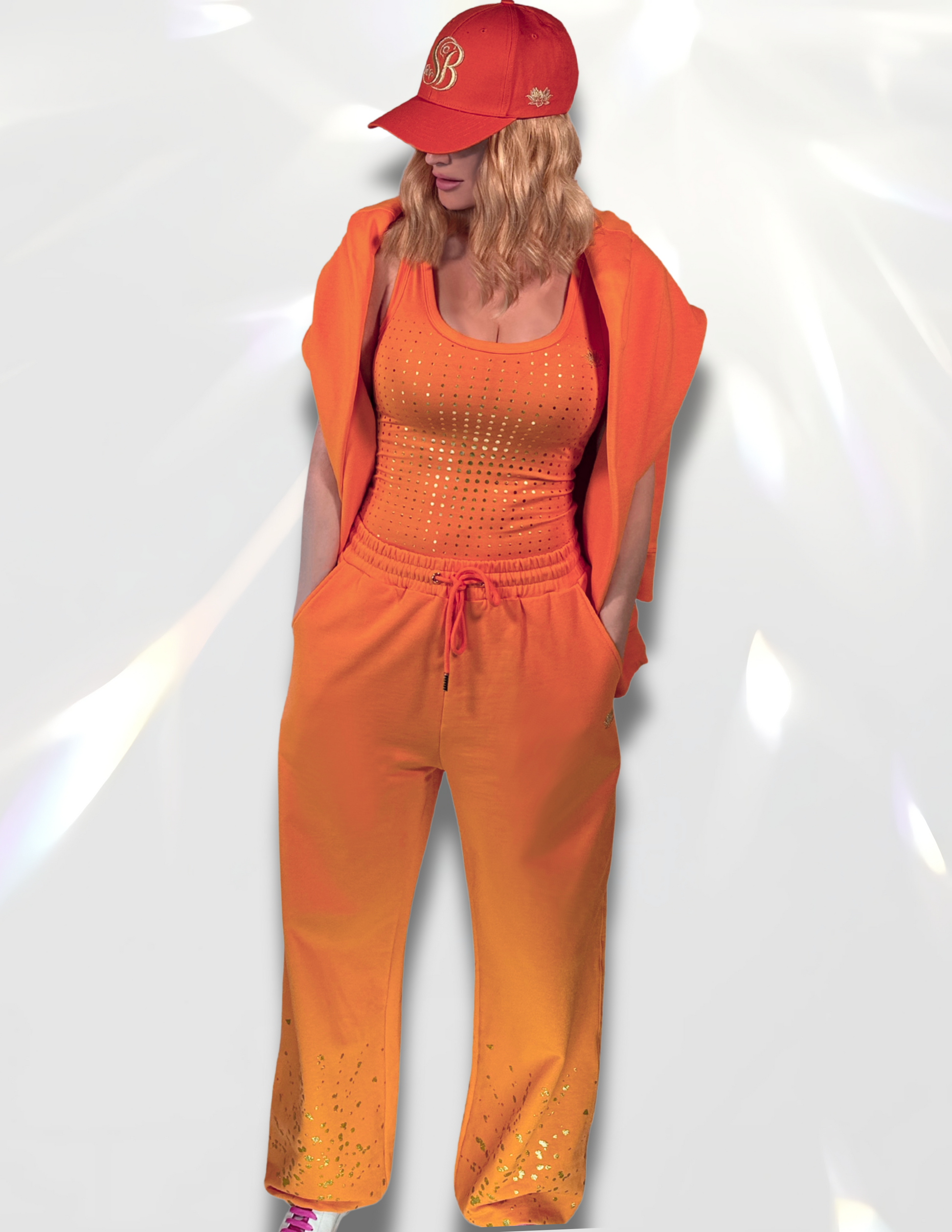 Gold glitter printed oversized sweatpants with matching set by Spicy Bloom