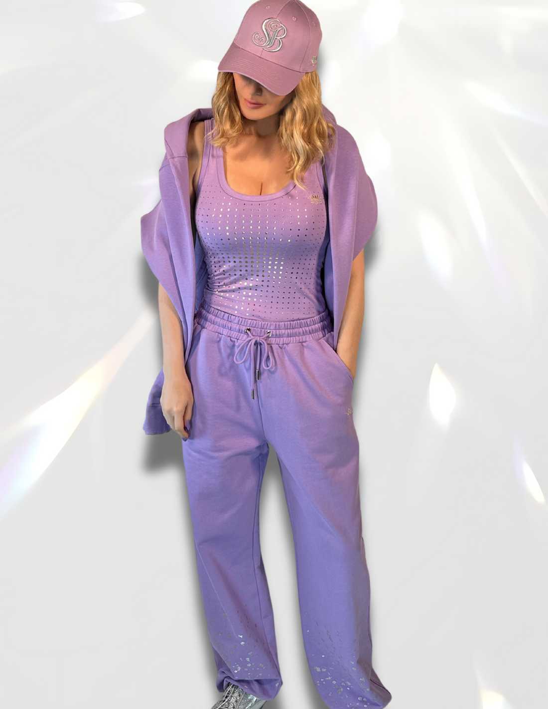 Lilac Sweatpants with silver glitter print and matching hat tank top by Spicy Bloom.