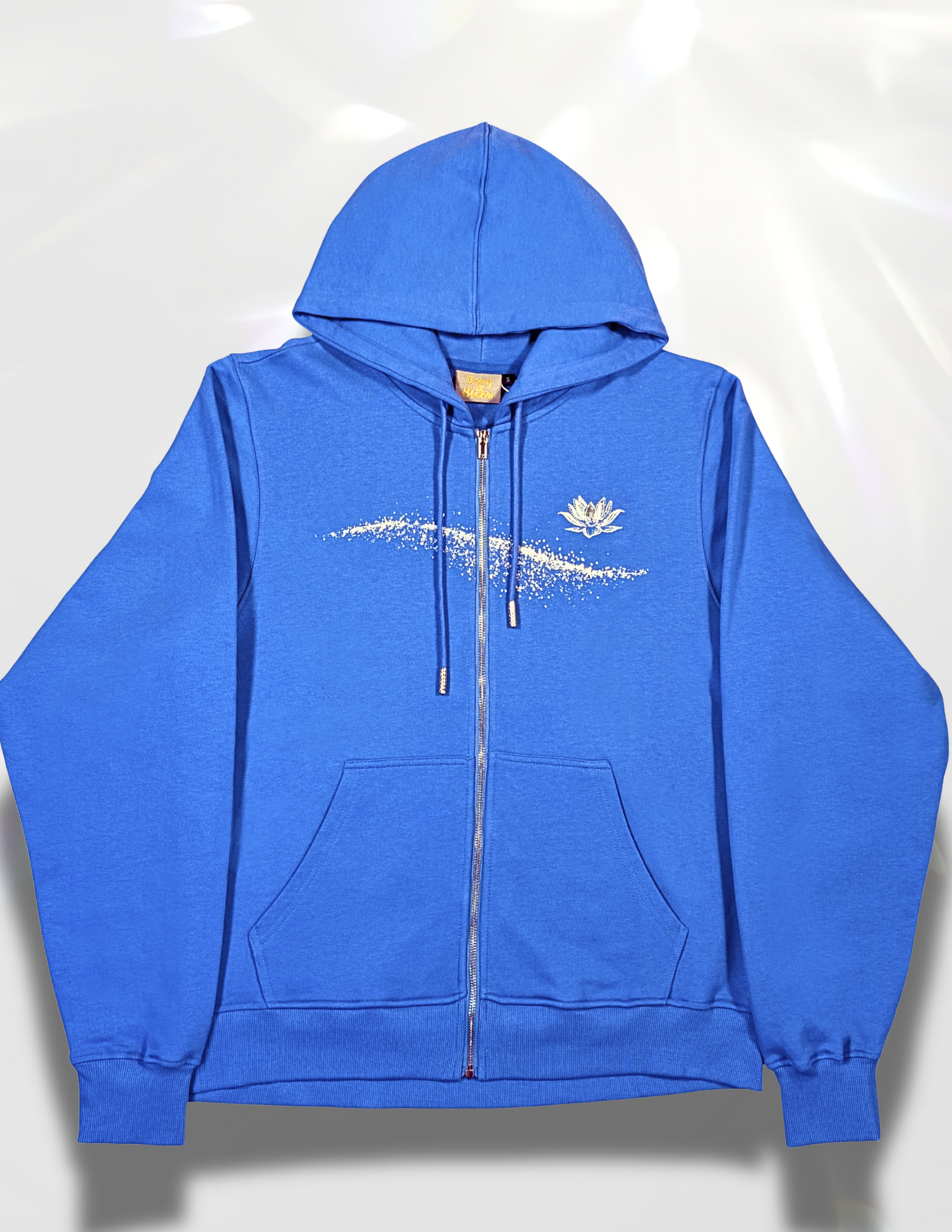 Moon Silver Glow Oversized  zip up royal blue Hoodie by Spicy Bloom – metallic zip hoodie, silver glitter print.