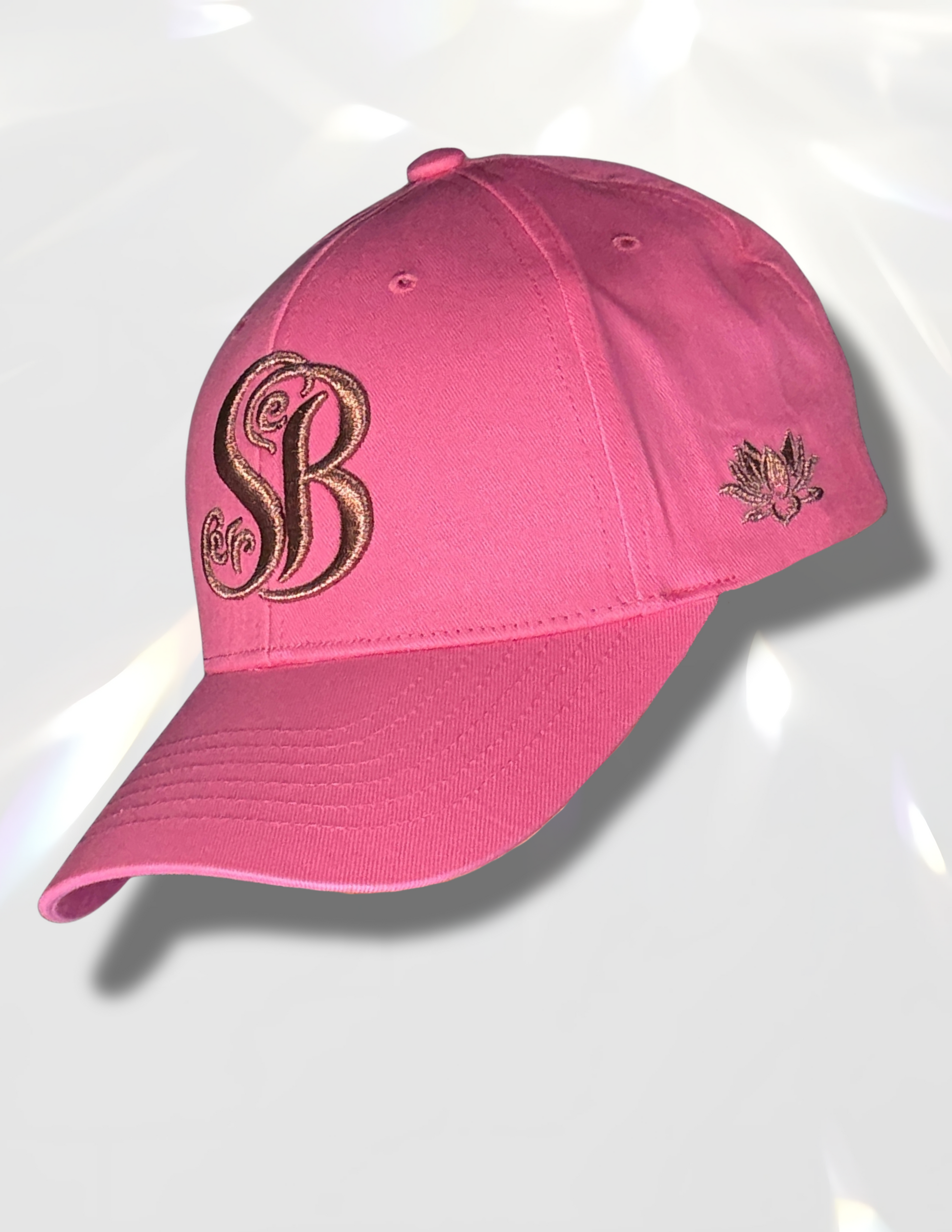 Spicy Bloom Rose Gold Hat – metallic embroidered SB cap in silver thread.