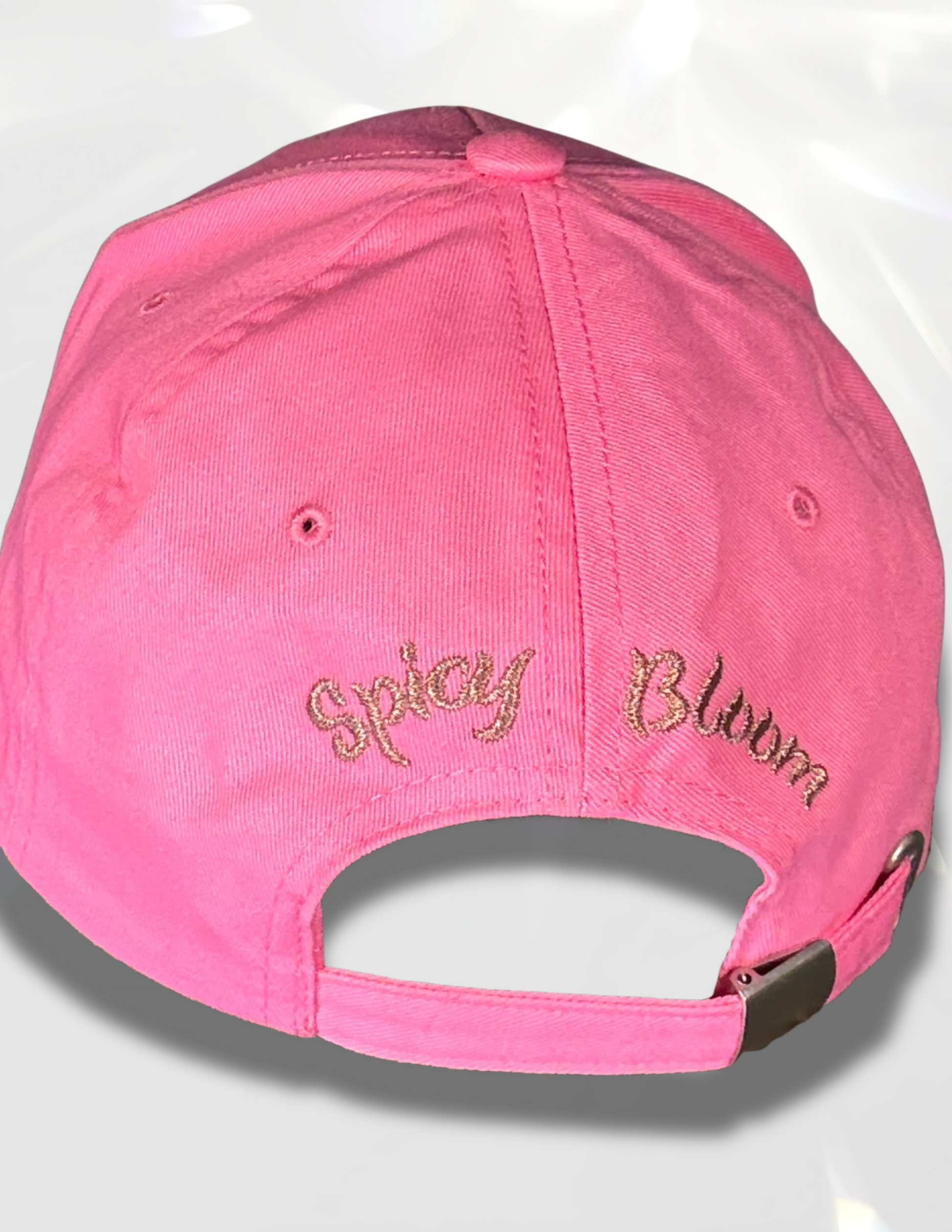 Rose-gold sparkle hat with spicy bloom logo embroidery