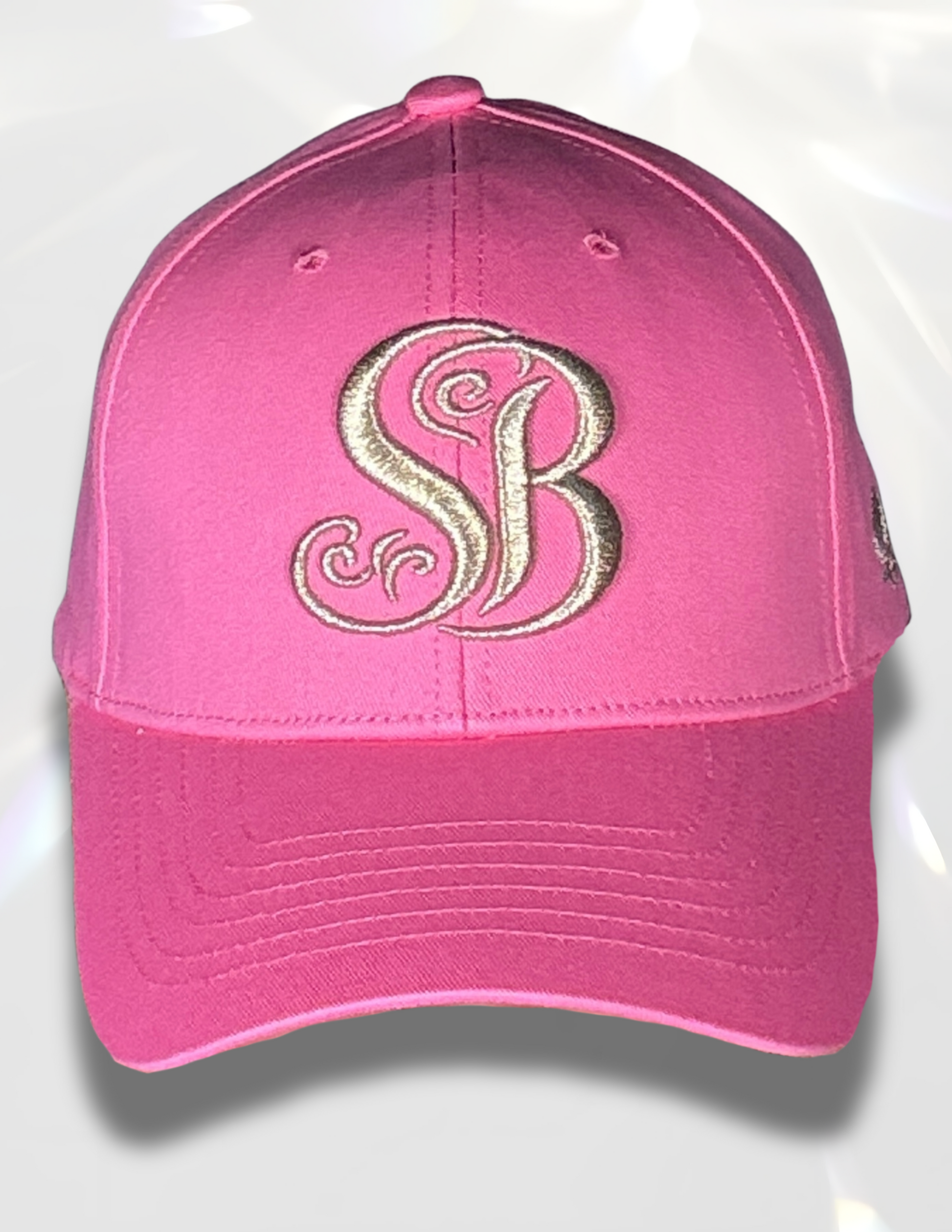 Spicy Bloom gold sparkle hat with SB logo embroidery front view