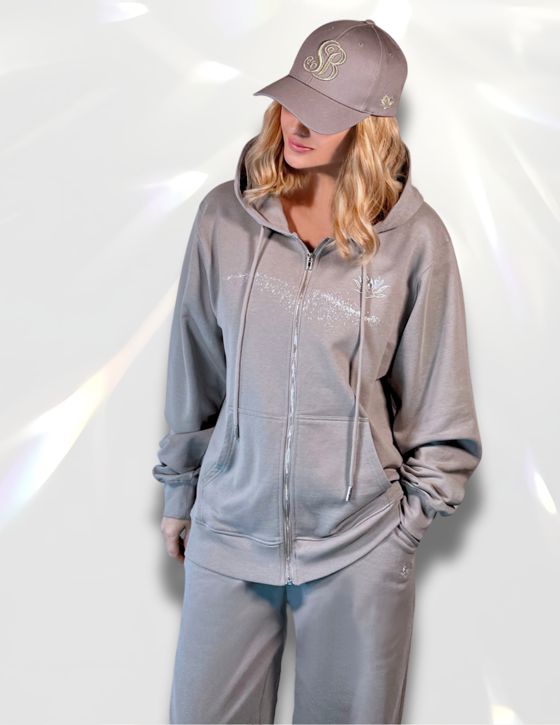Moon Silver Glow Oversized gray Hoodie by Spicy Bloom, metallic zip, silver glitter print and embroidery