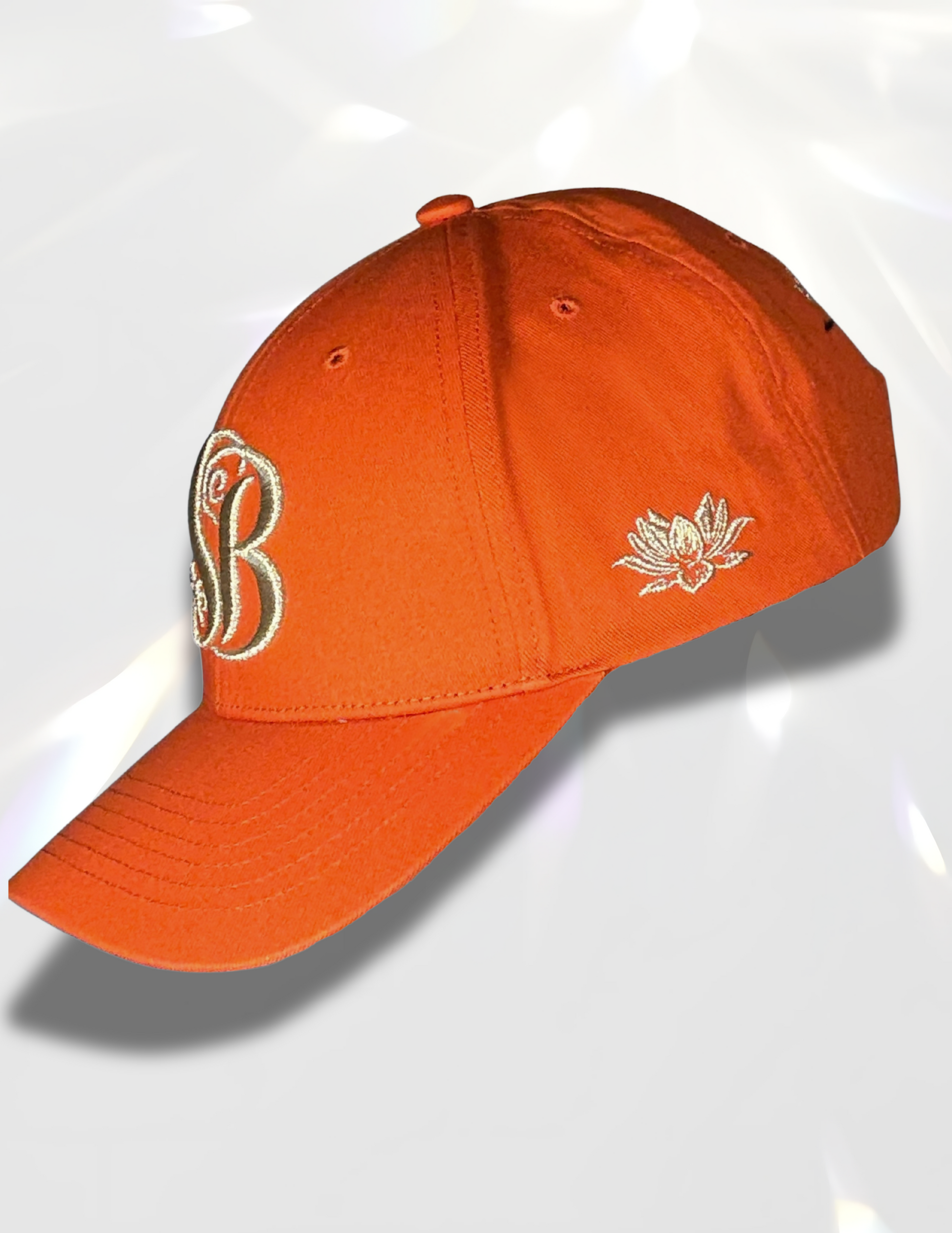 Spicy Bloom gold lotus embroidered cotton hat side view