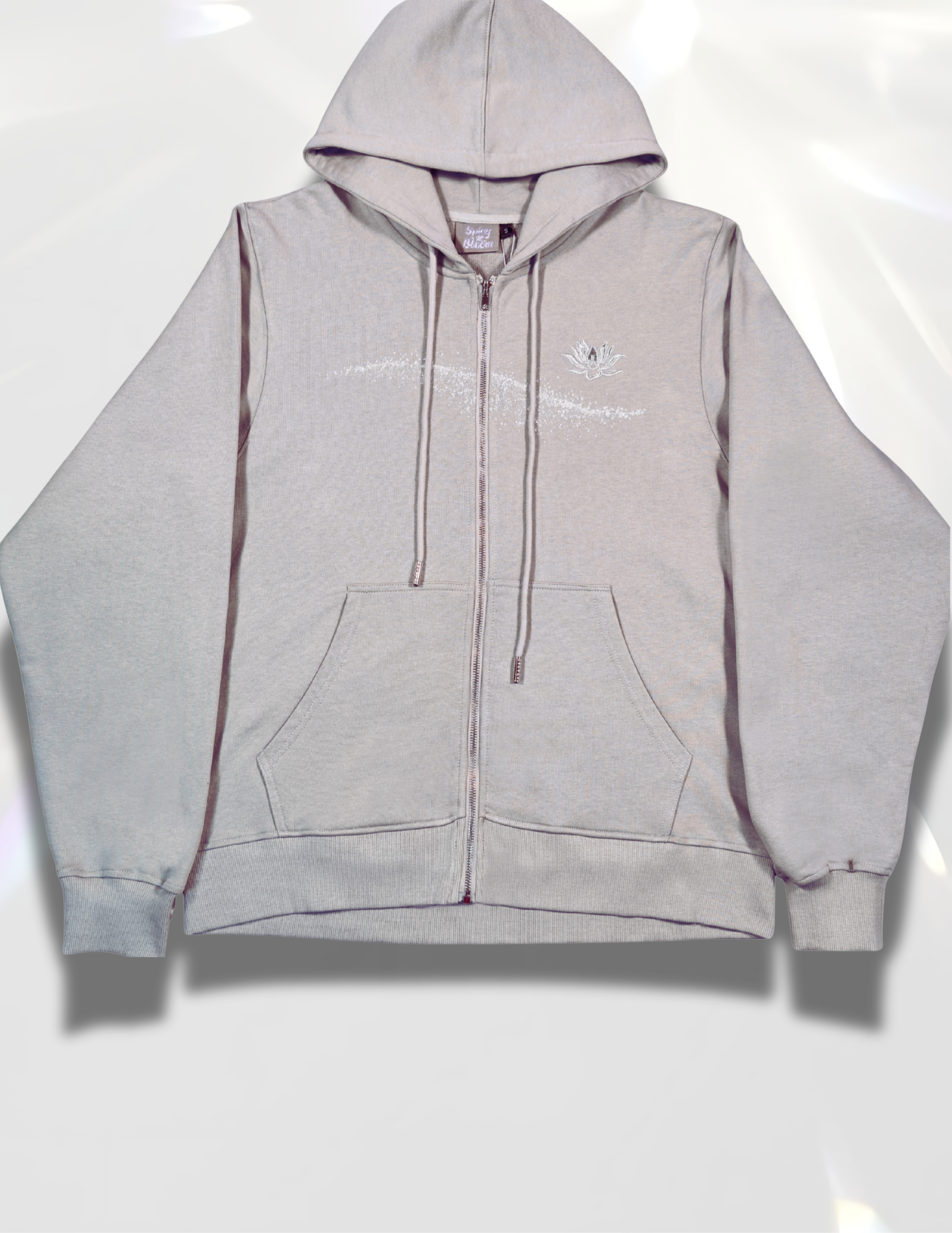Moon Silver Glow Oversized zip up gray Hoodie by Spicy Bloom – metallic zip, silver glitter print.