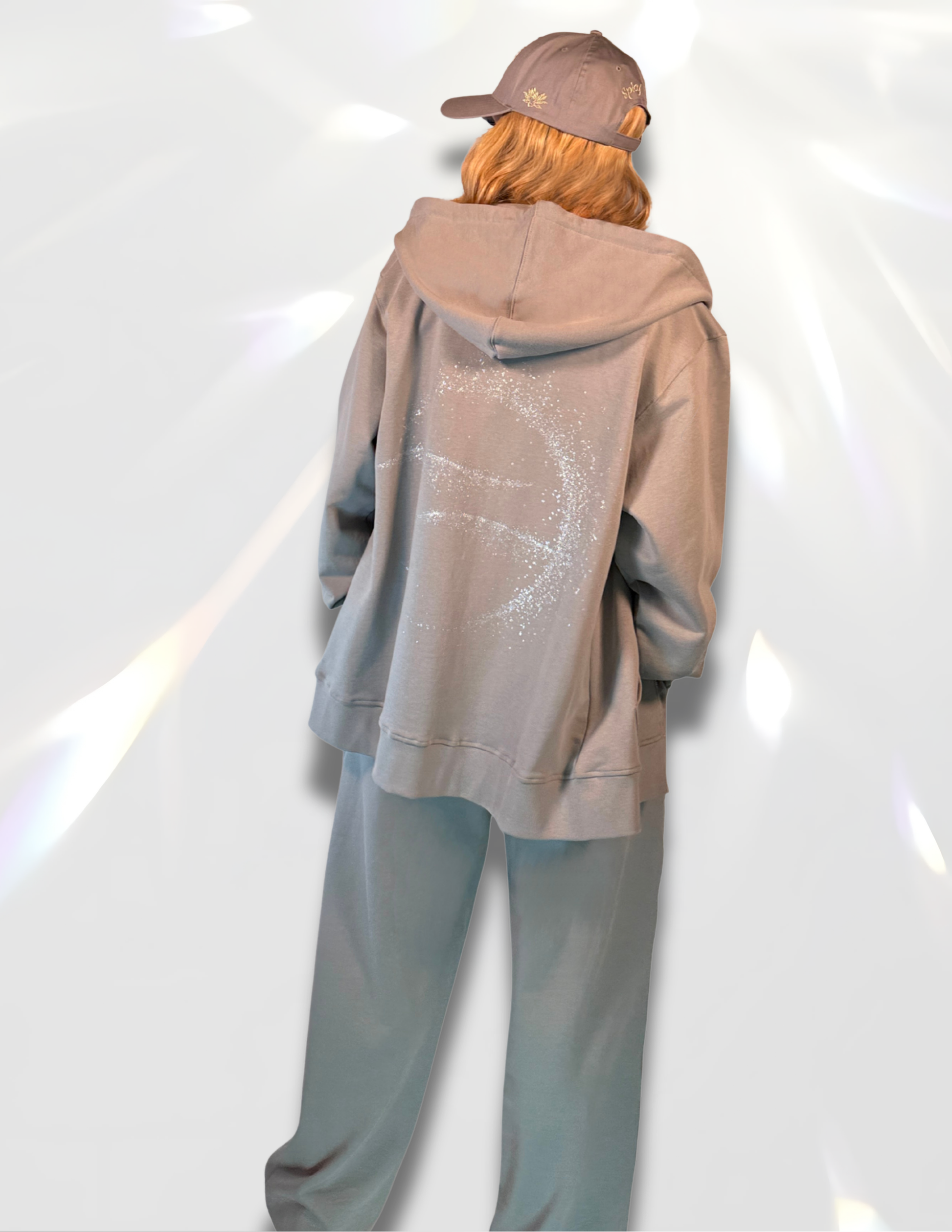 Moon Silver Glow Oversized zip up gray Hoodie by Spicy Bloom – metallic zip, silver glitter print.