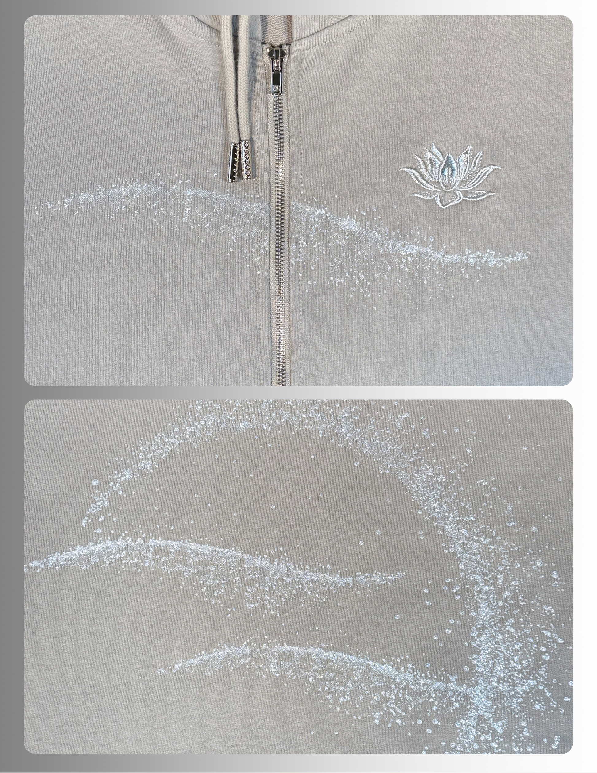 Moon Silver Glow Oversized zip up gray Hoodie by Spicy Bloom – metallic zip, silver glitter print and embroidery