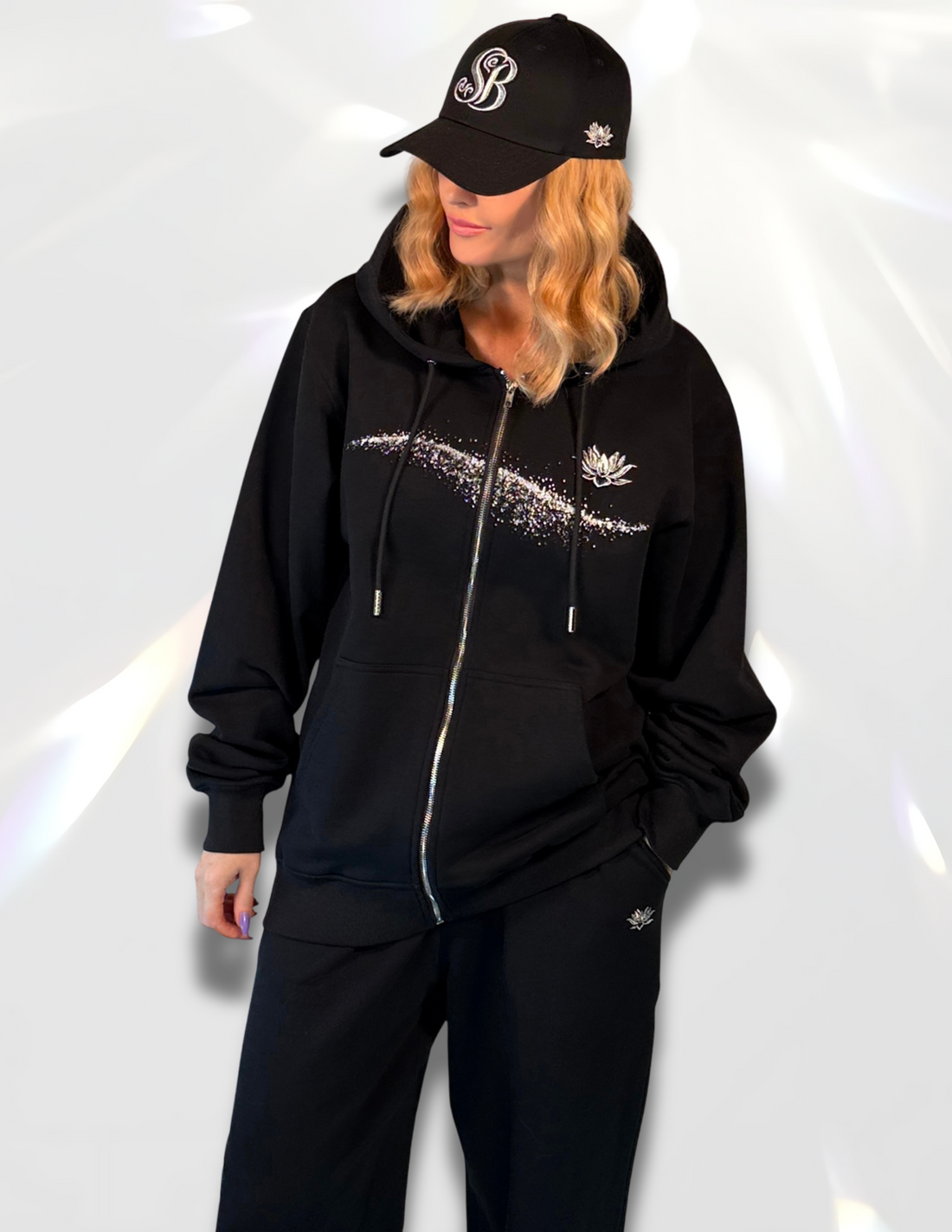 Moon Silver Glow black Oversized zip up Hoodie by Spicy Bloom – metallic zip hoodie, silver glitter print