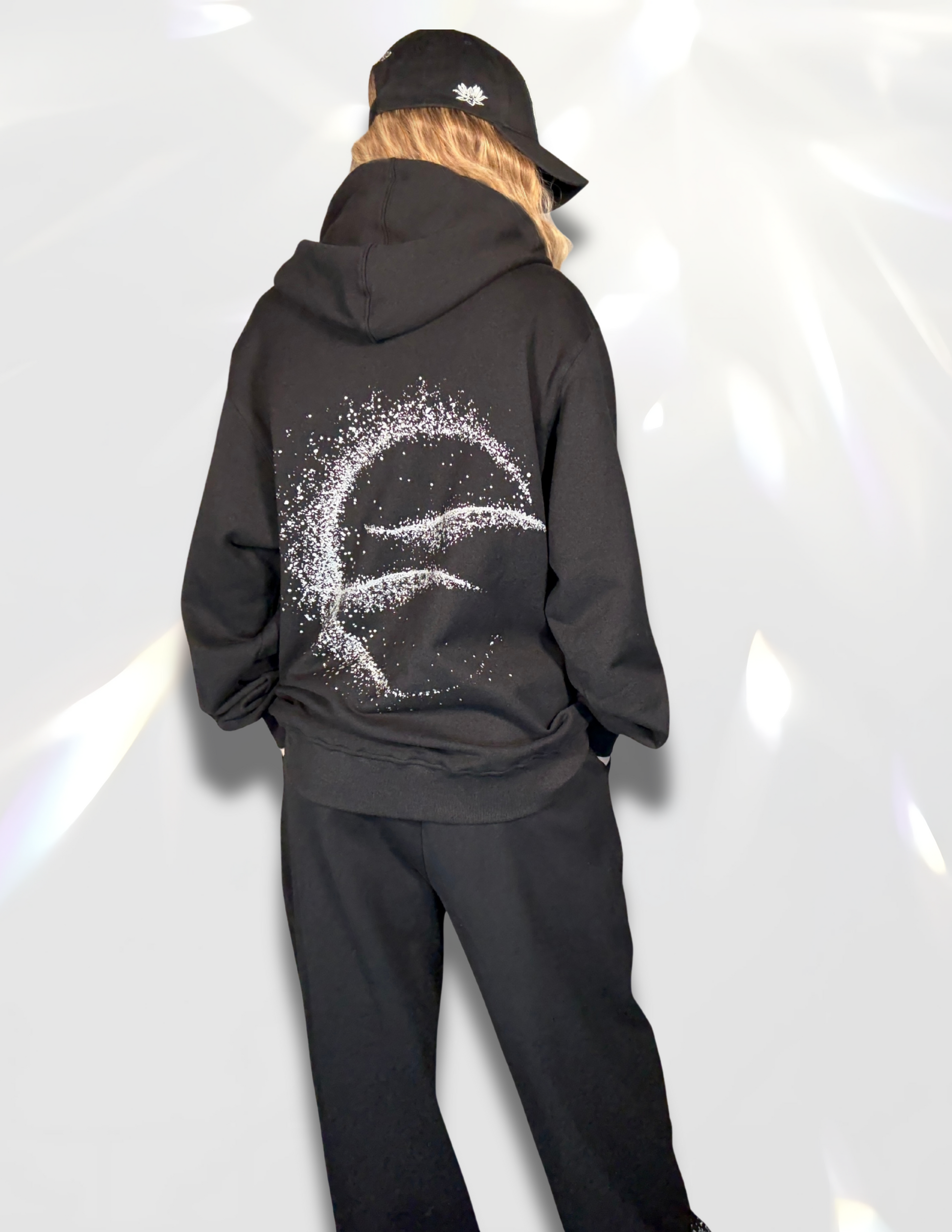 Moon Silver Glow Oversized Hoodie by Spicy Bloom – metallic zip hoodie, silver glitter print.