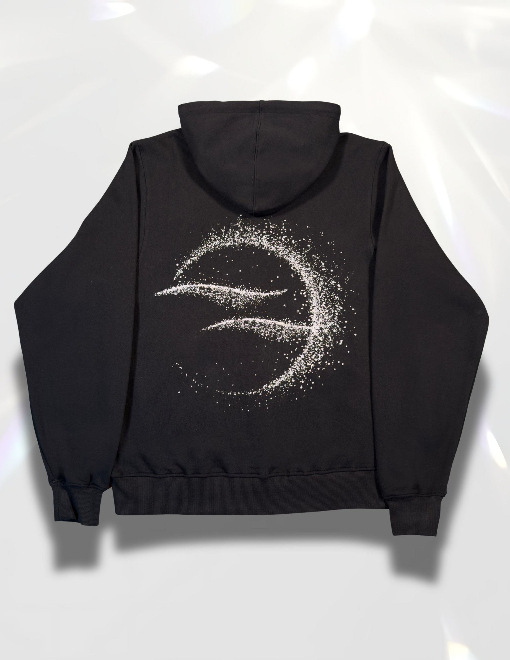 Moon Silver Glow Oversized black Hoodie by Spicy Bloom – zip up hoodie, silver glitter print.