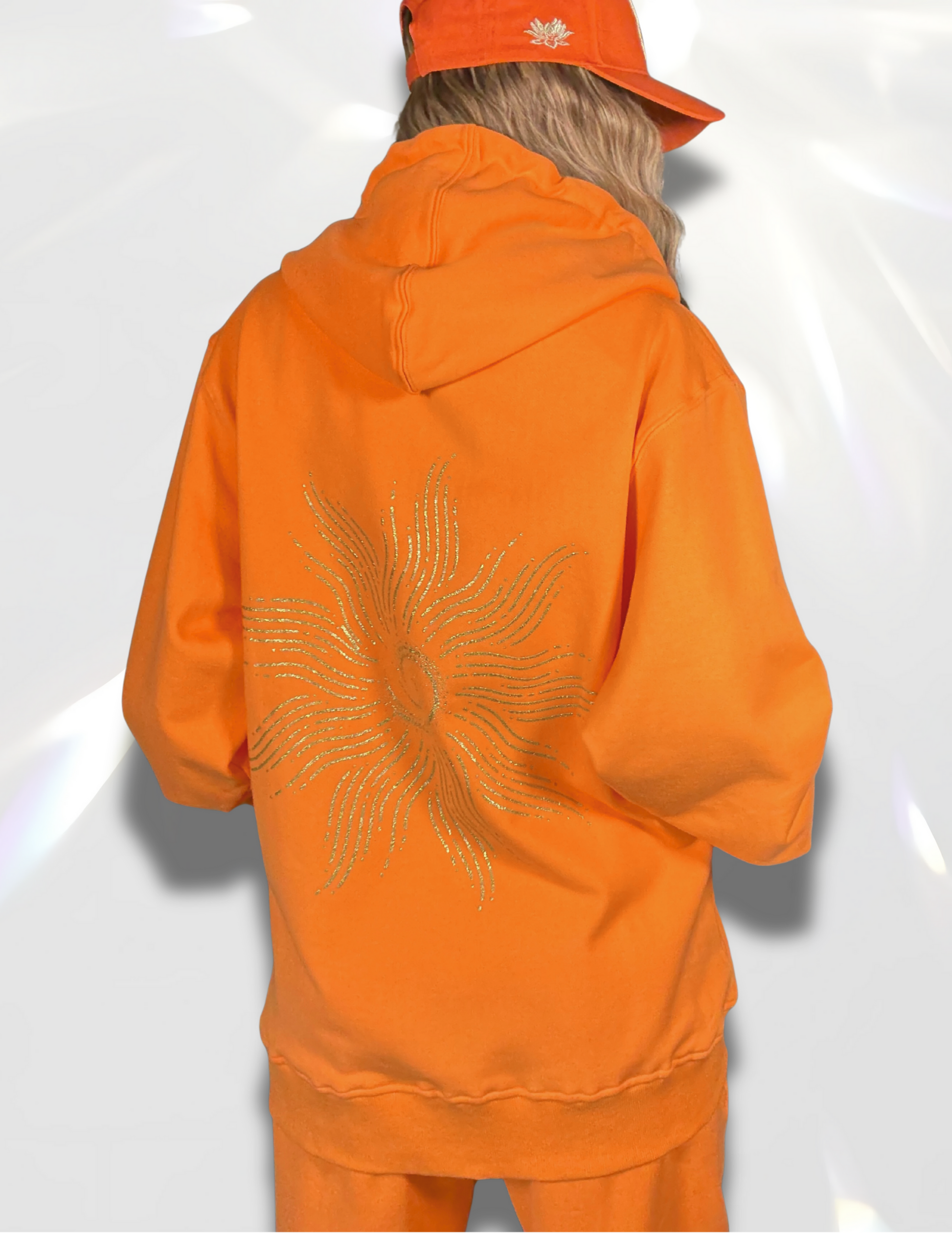 Shine Brightly Gold Glitter Oversized Hoodie matching set with gold glitter pants and hat – Spicy Bloom crewneck.