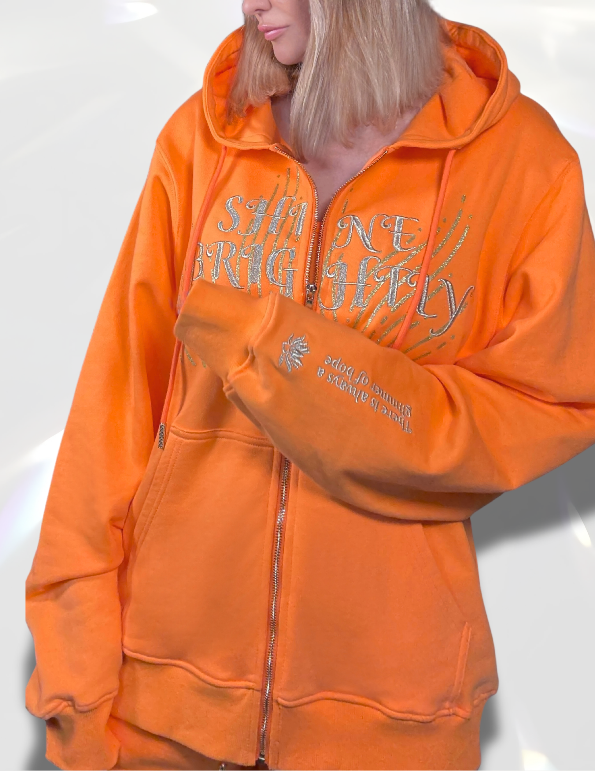 Shine Brightly Gold print zip up Oversized orange Hoodie and matching set of sweatpants and hat – Spicy Bloom