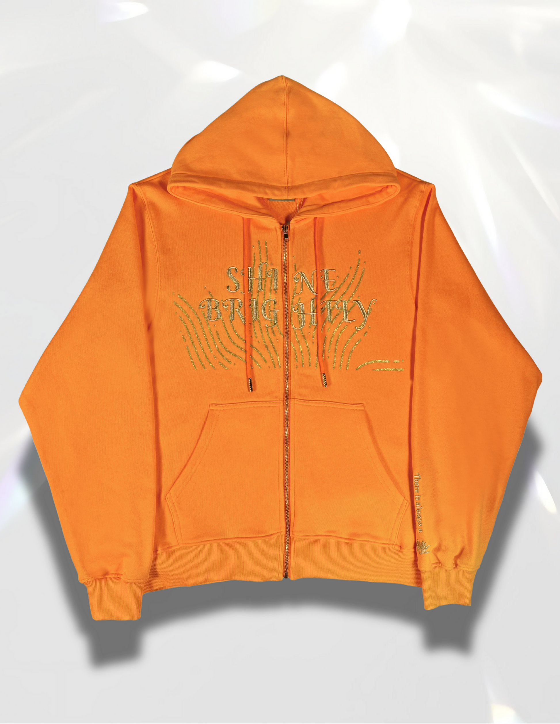 Orange shine brightly gold embroidery with glitter sparkles zip up hoodie front view