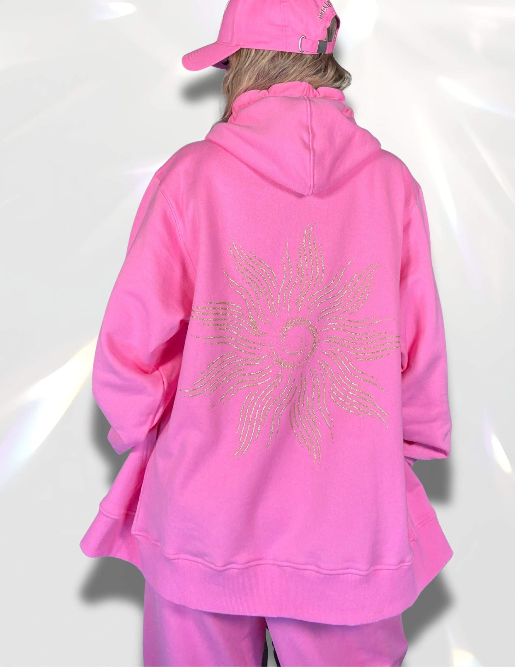 Shine Brightly Gold Glitter Oversized Hoodie matching set with gold glitter pants and hat – Spicy Bloom crewneck.