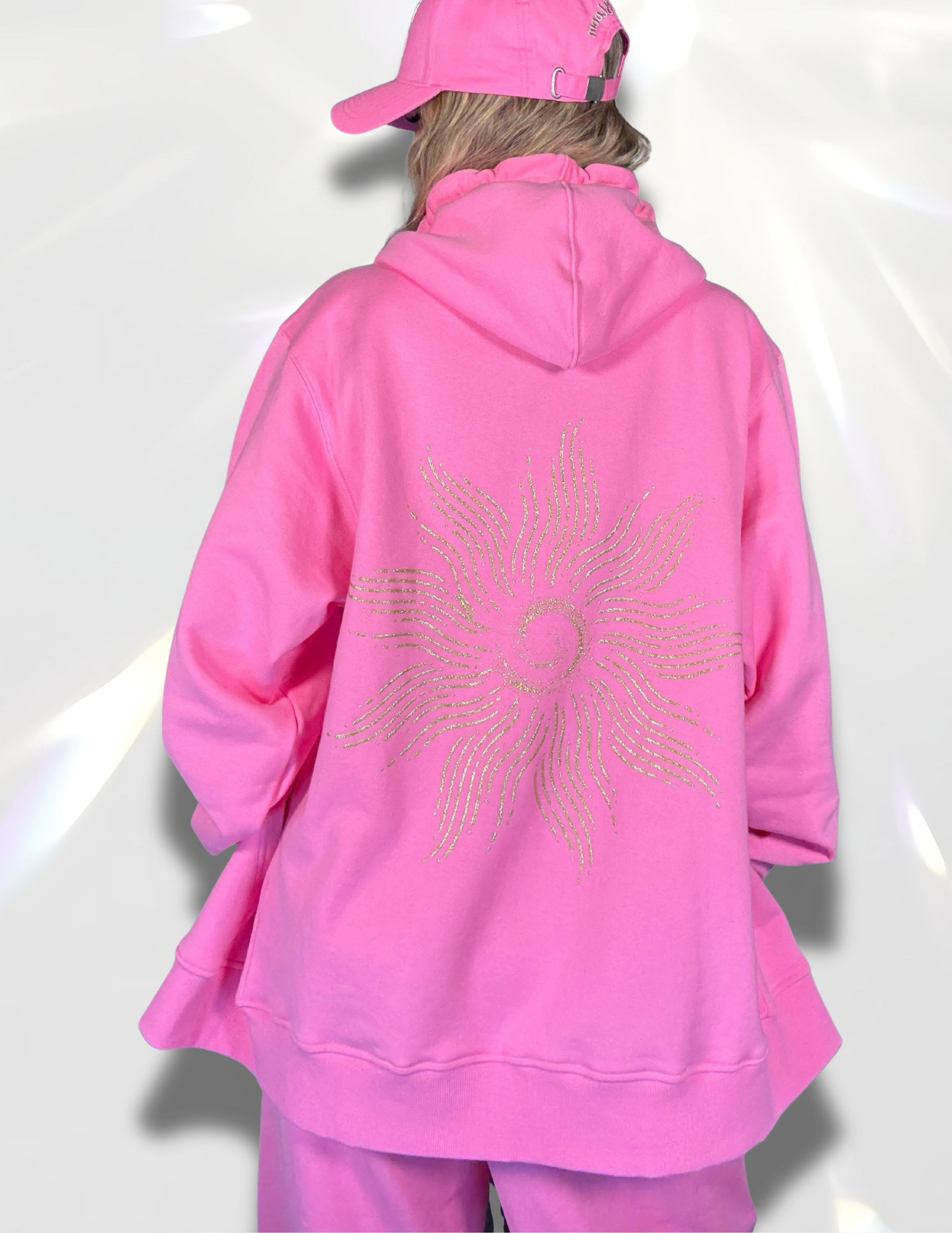 Shine Brightly Gold Glitter print Zip up Oversized pink Hoodie and  matching set of sweatpants and hat – Spicy Bloom