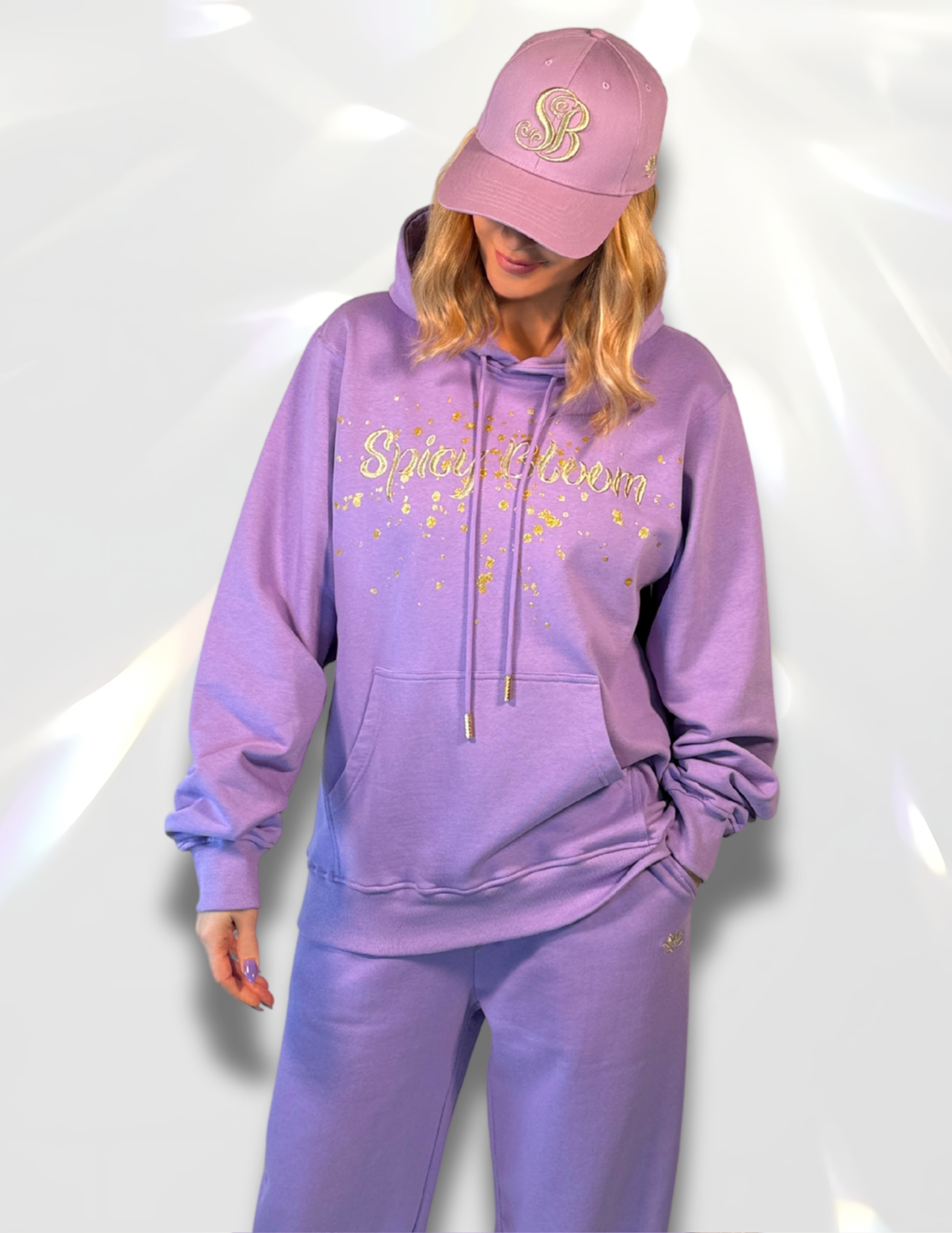Spicy Bloom Signature Gold Oversized Hoodie with gold embroidery matching set with pants and hat – women’s metallic crewneck.
