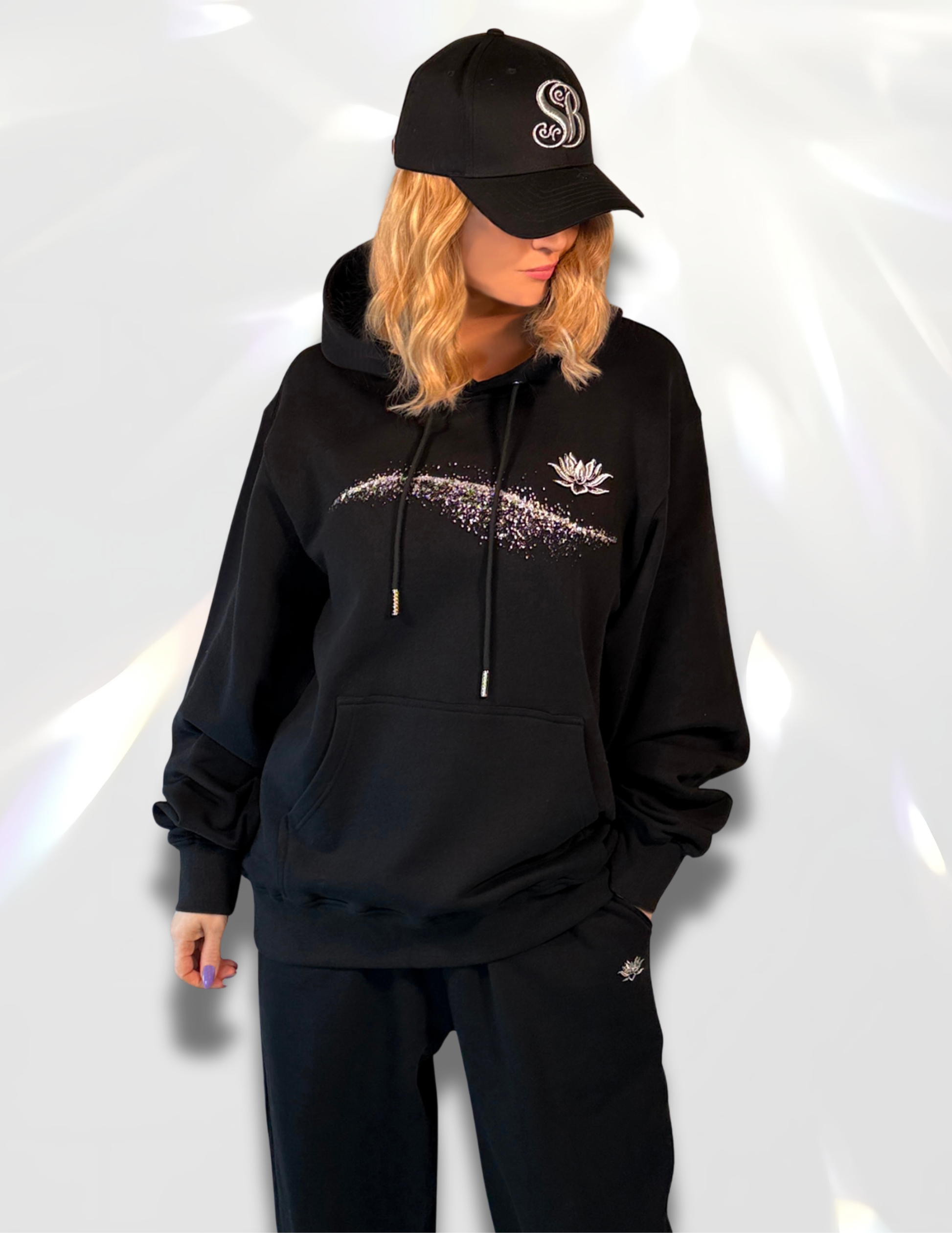 Moon Silver Glow Oversized black Hoodie matching set of sweatpants and hat – Spicy Bloom