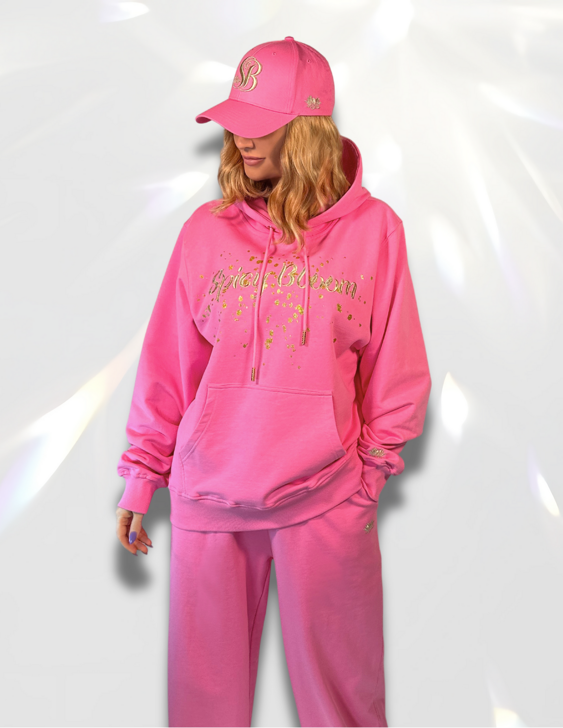 Spicy Bloom Signature Gold Oversized Hoodie with gold embroidery matching set with pants and hat – women’s metallic crewneck.