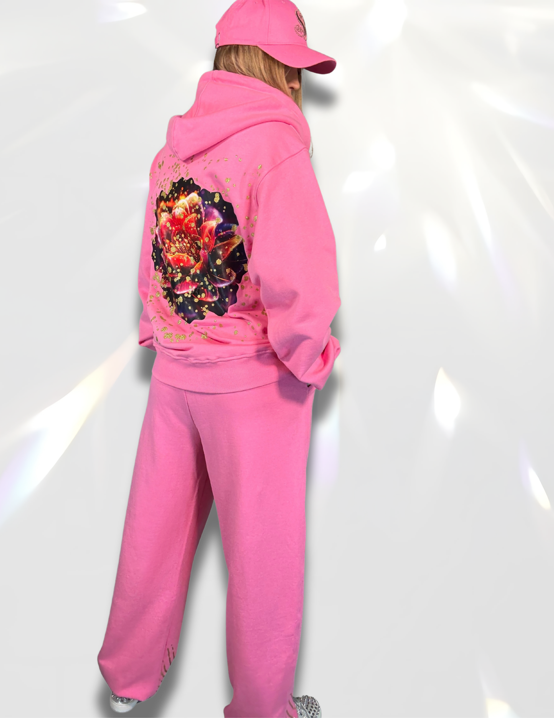 Gold metallic crewneck hoodie large DTF print styled with matching pants and hat – Spicy Bloom Signature Set.