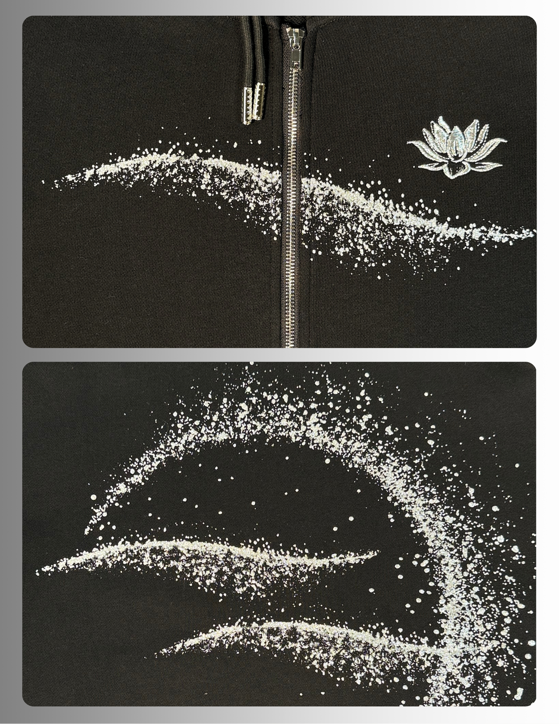 Moon Silver Glow Oversized zip up black Hoodie by Spicy Bloom – metallic zip hoodie, silver glitter print.