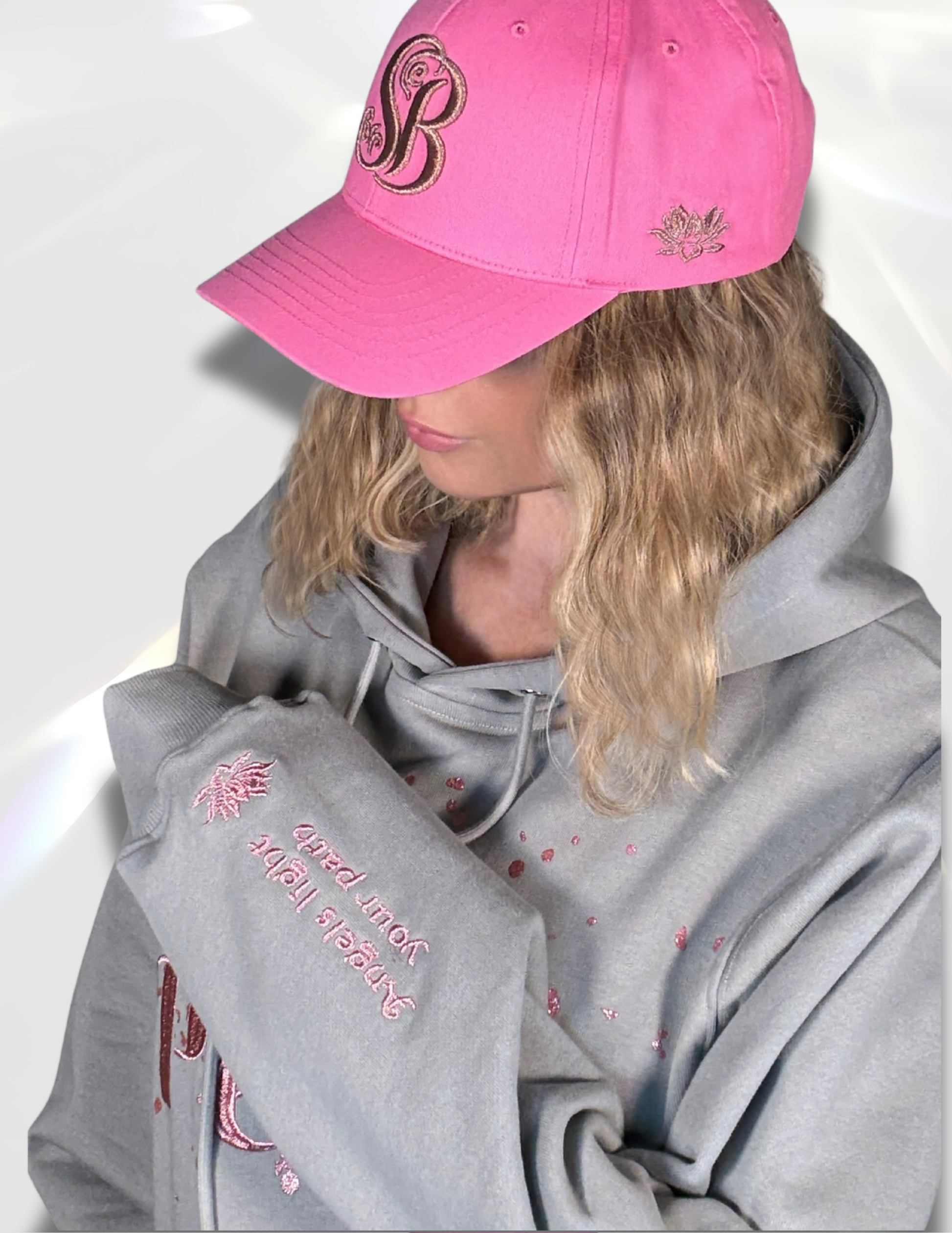 Gray Hoodie rose gold embroidery on the sleeve