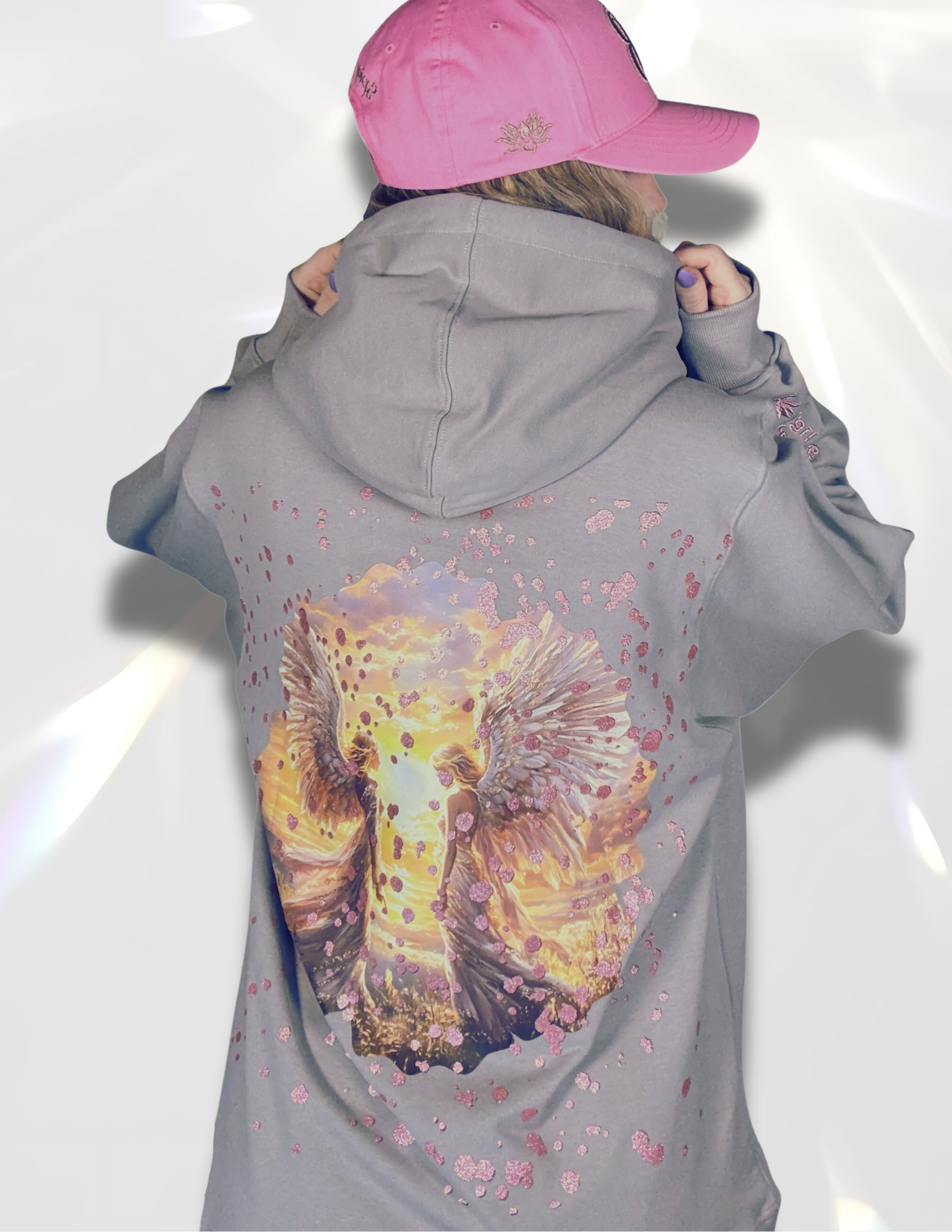Gray Hoodie rose gold sparkle glitter print  and large colorful angelic DTF print  on the back