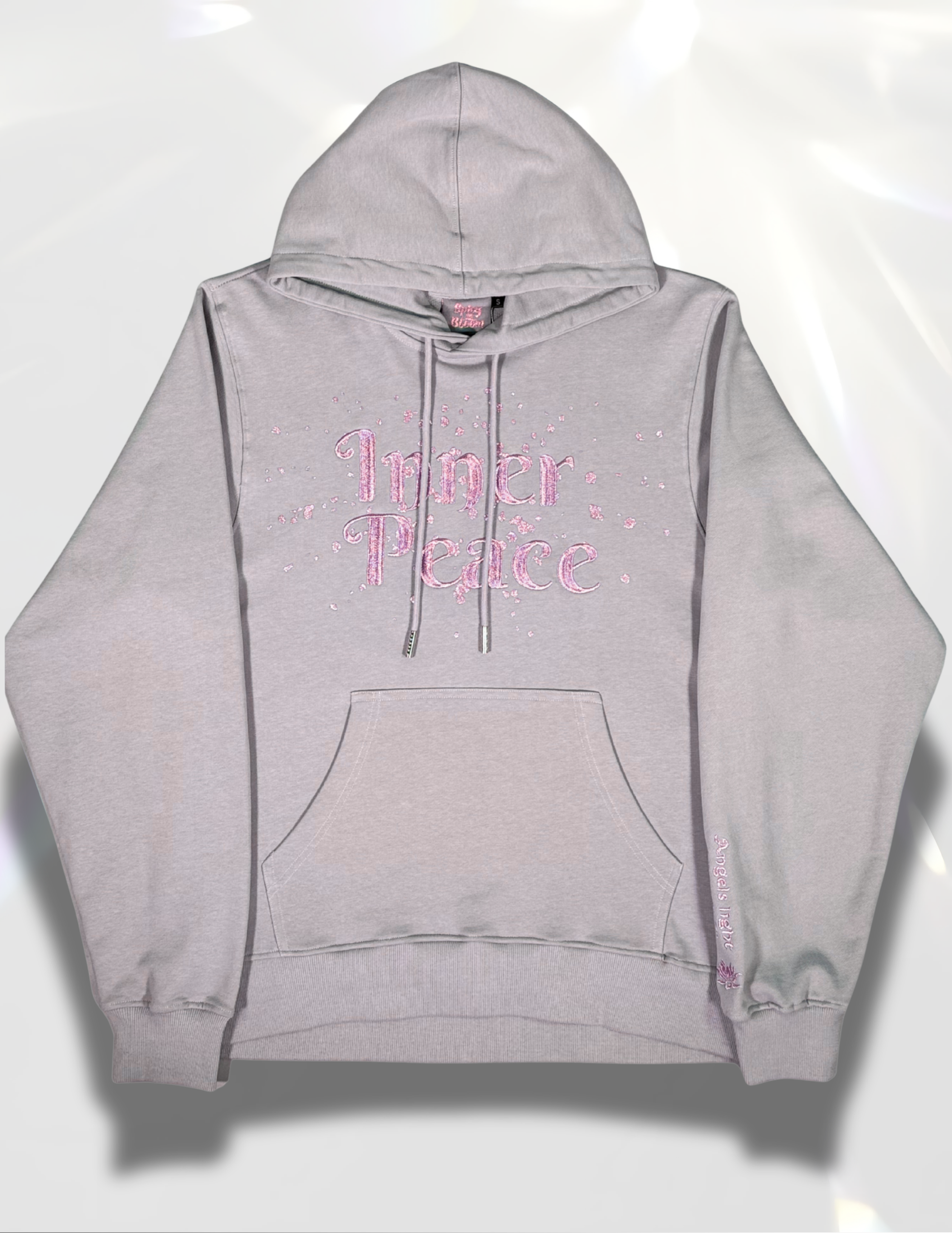 Gray Hoodie rose gold sparkle glitter print  and metallic inner peace embroidery front view