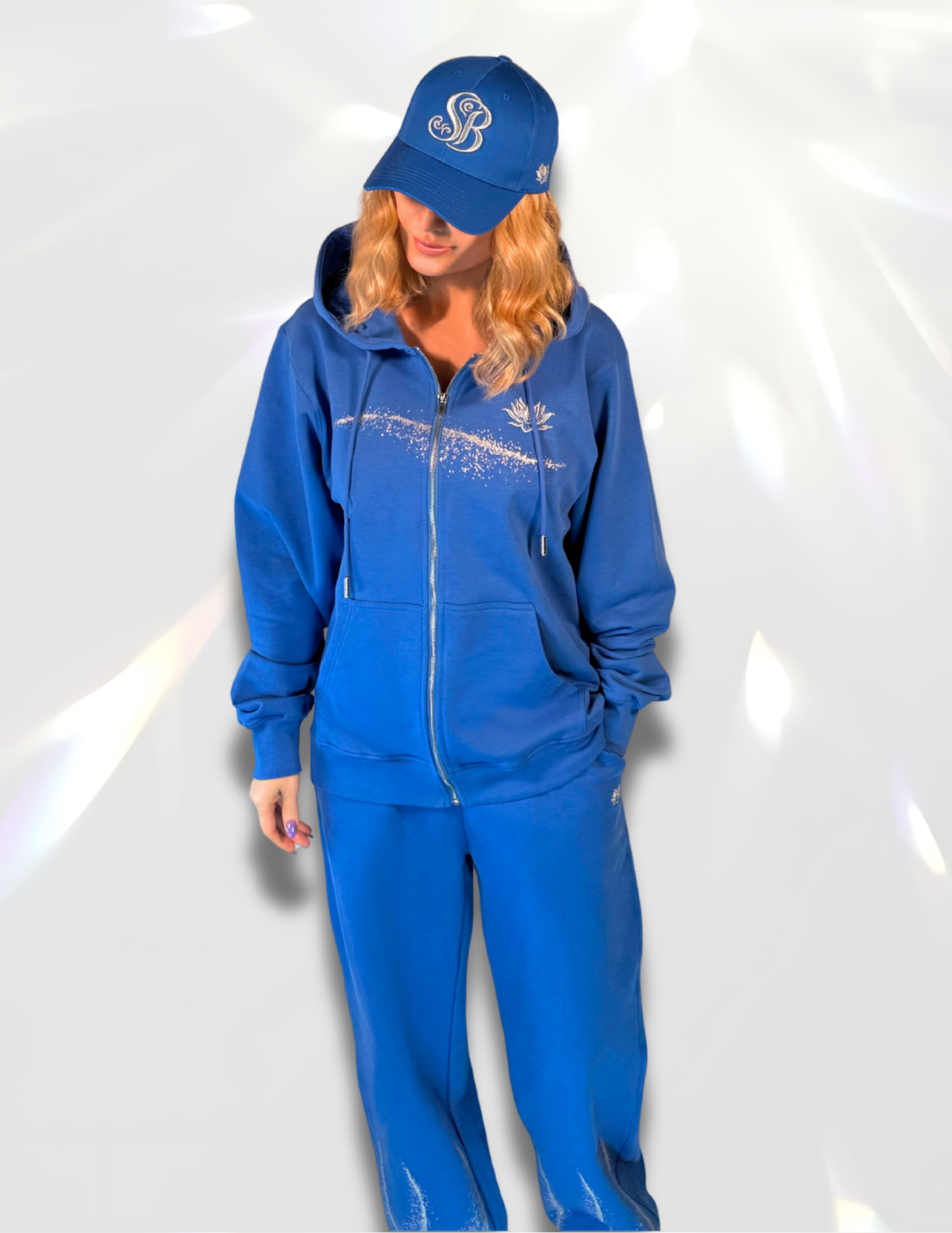 Moon Silver Glow Oversized zip up royal blue Hoodie by Spicy Bloom – silver glitter print and embroidery with matching set of pants and hat