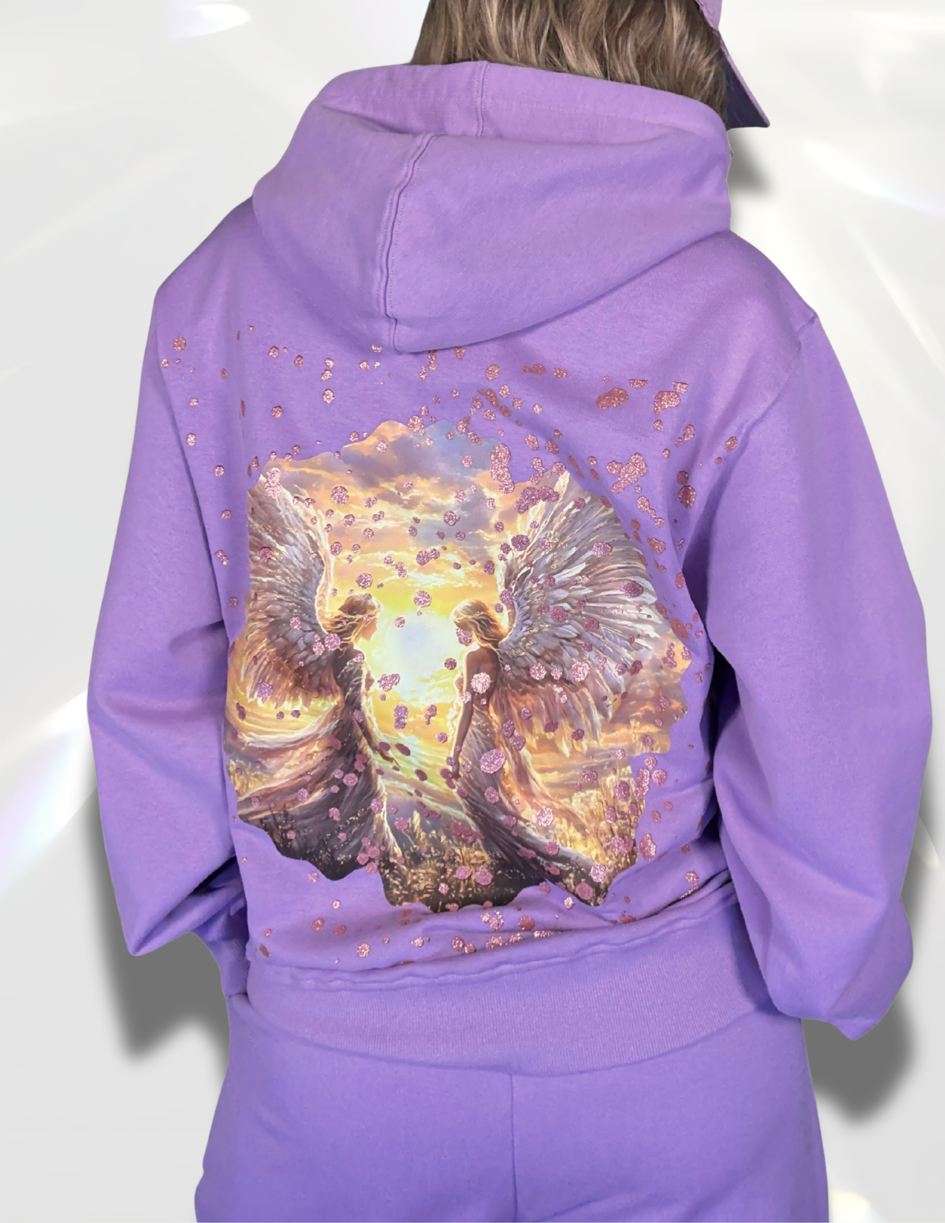 Lilac Inner Peace hoodie – celestial angel DTF print with rose-gold glitter overlay