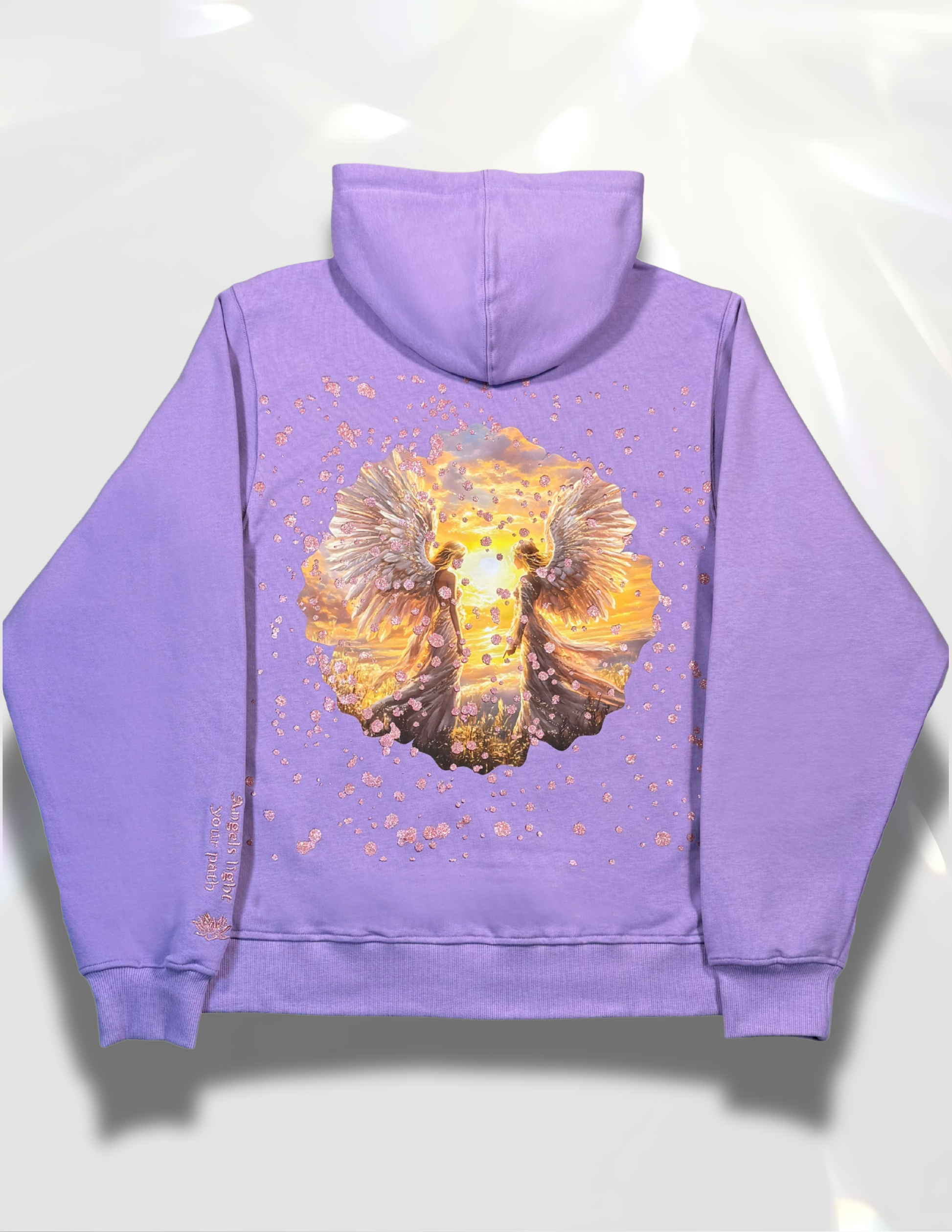 Lilac Inner Peace hoodie – celestial angel DTF print with rose-gold glitter overlay