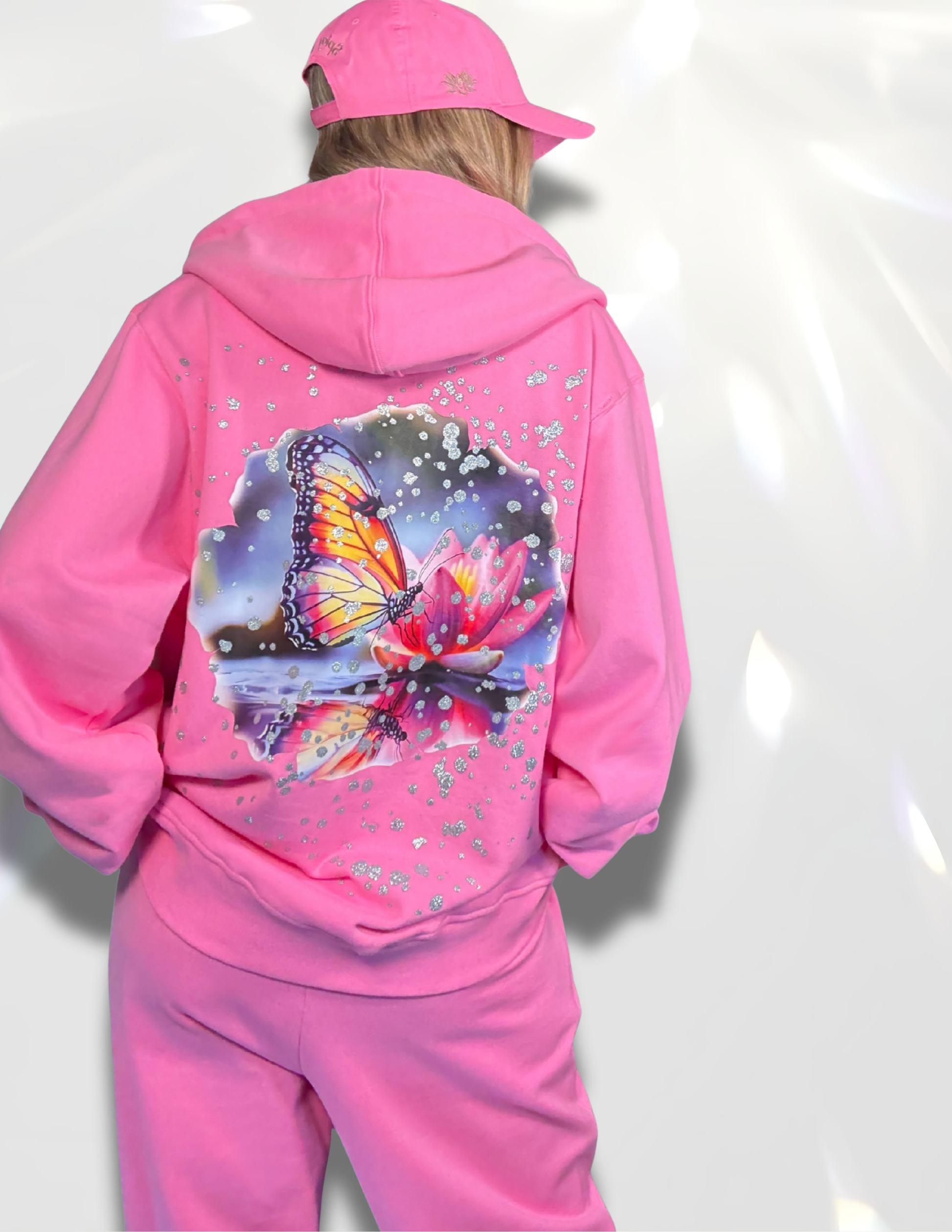 Silver glitter print pink hoodie, butterfly DTF print with complete matching set – Spicy Bloom Gentle Collection.