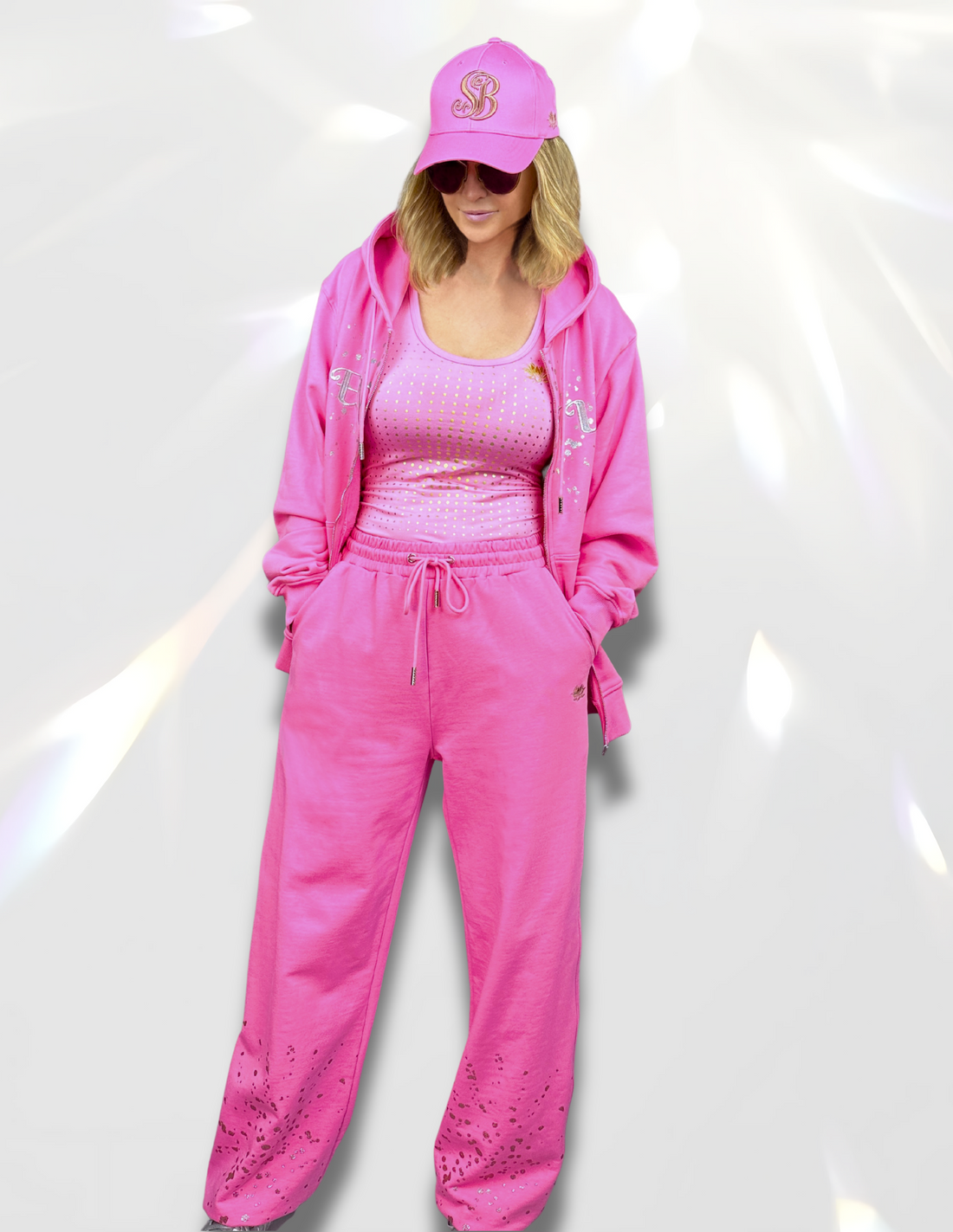 Rose gold glitter printed pink sweatpants with matching hoodie – Spicy Bloom.