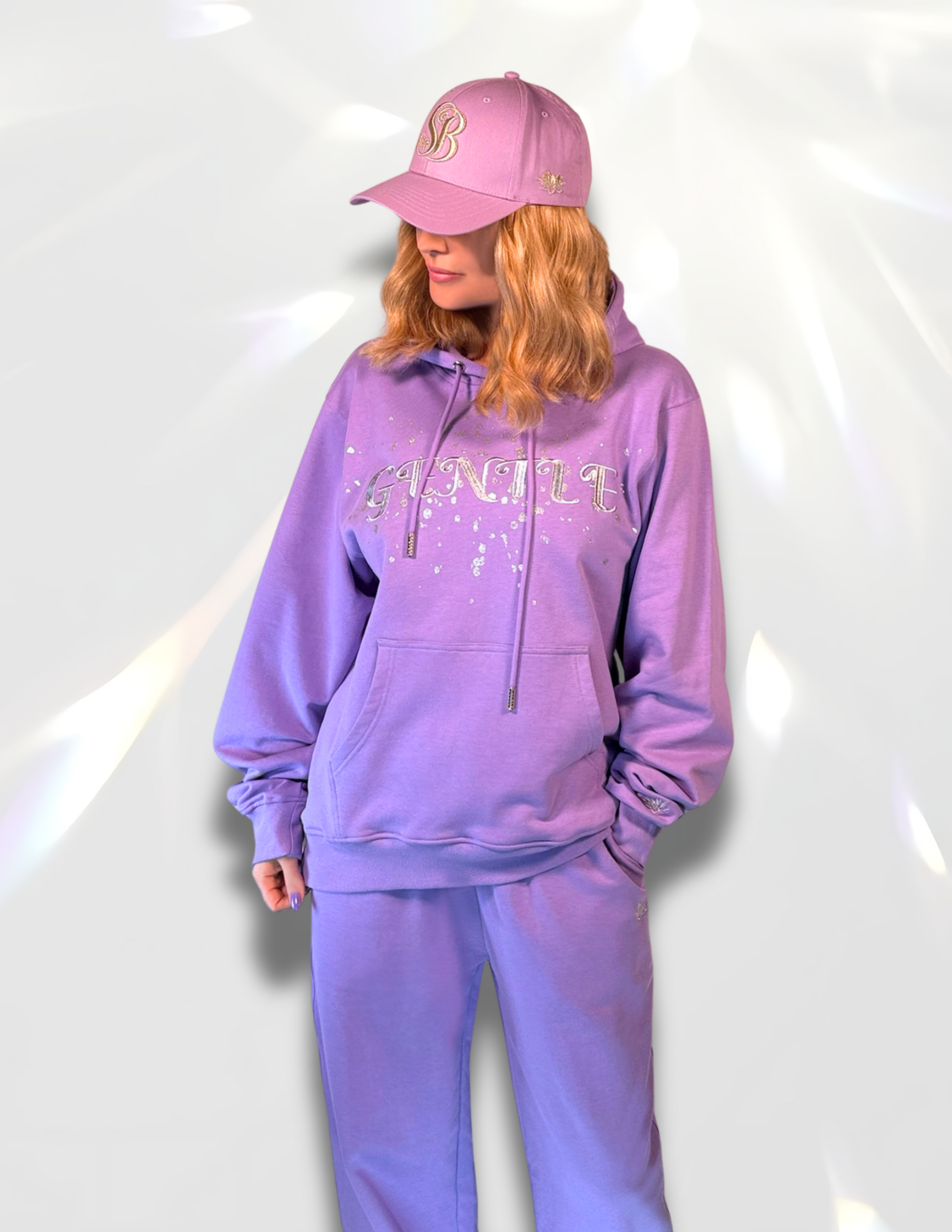 Gentle Silver print and embroidery lilac Hoodie, matching set with pants and hat –  by Spicy Bloom.