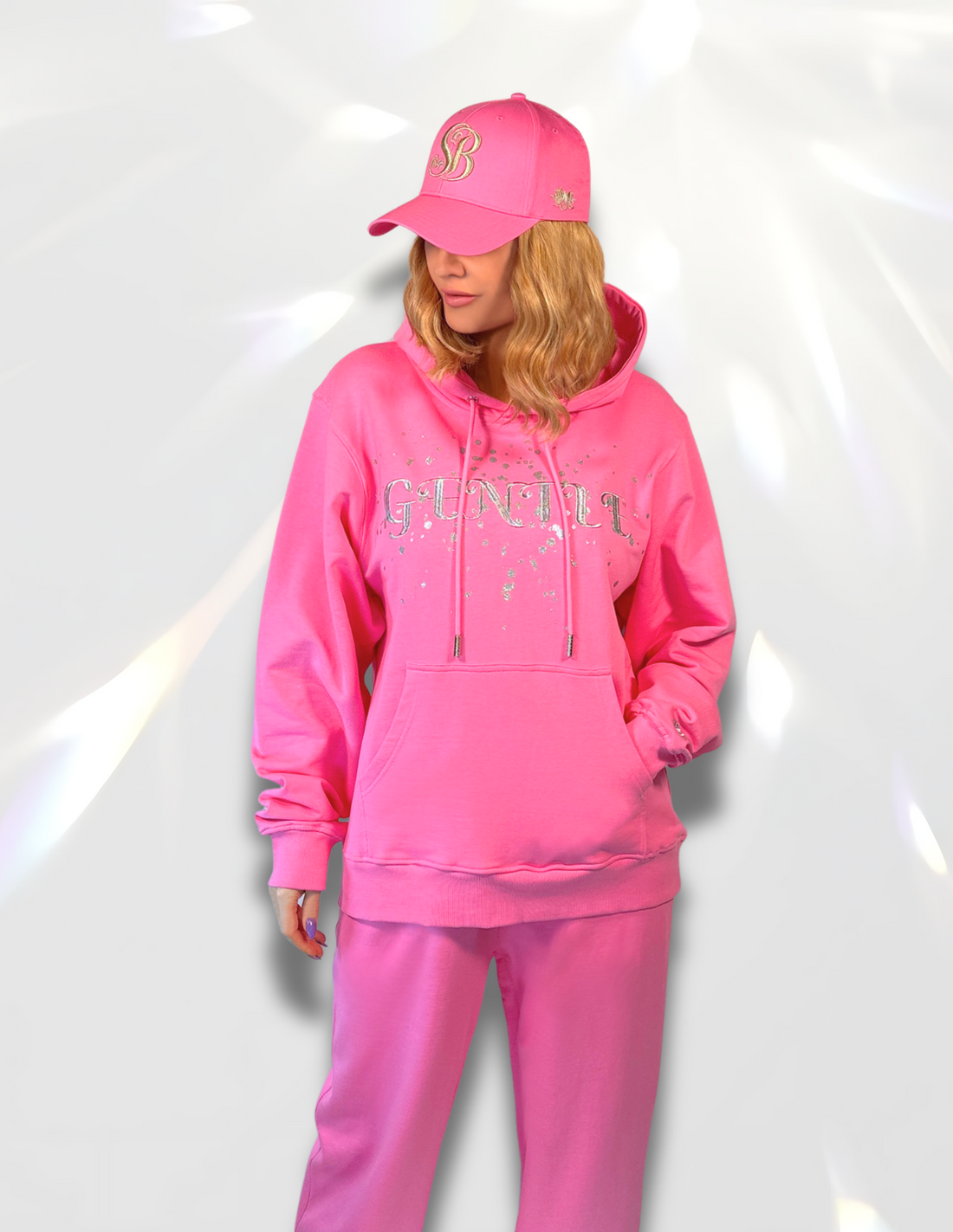 Gentle Silver print and embroidery  pink Hoodie and matching set with sweatpants and hat – butterfly DTF print by Spicy Bloom.