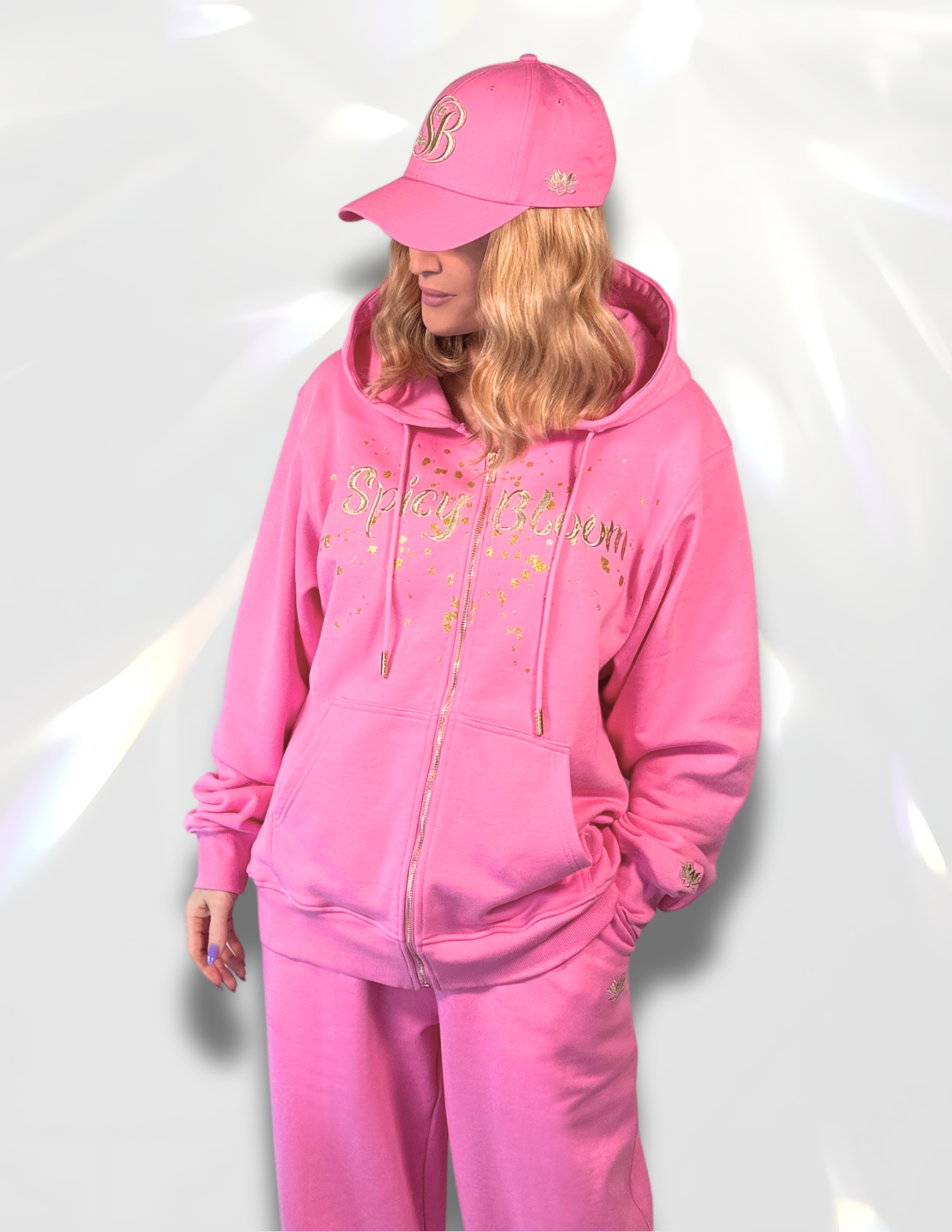 Spicy Bloom Gold Print Zip Up Hoodie – Lotus DTF Oversized Sweatshirt
