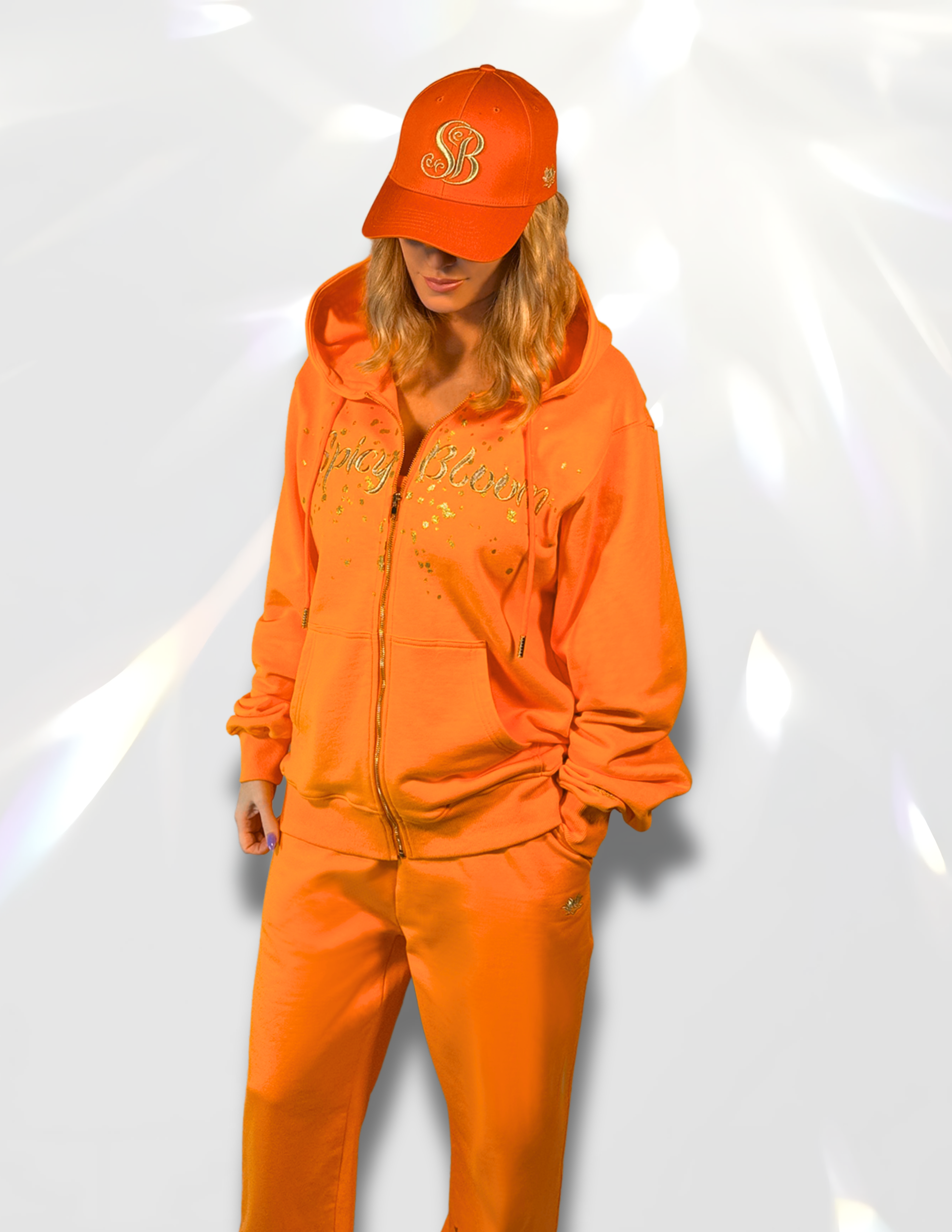 Spicy Bloom Gold Print Zip Up Hoodie – Lotus DTF Oversized Sweatshirt