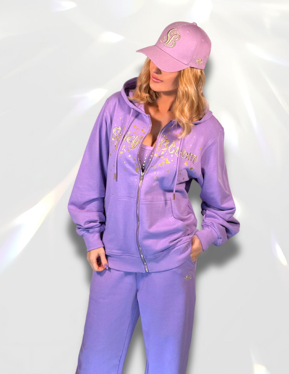 Spicy Bloom Gold  print Zip up Hoodie with matching set of sweatpants and hat, lotus gold DTF print with glitter and embroidery