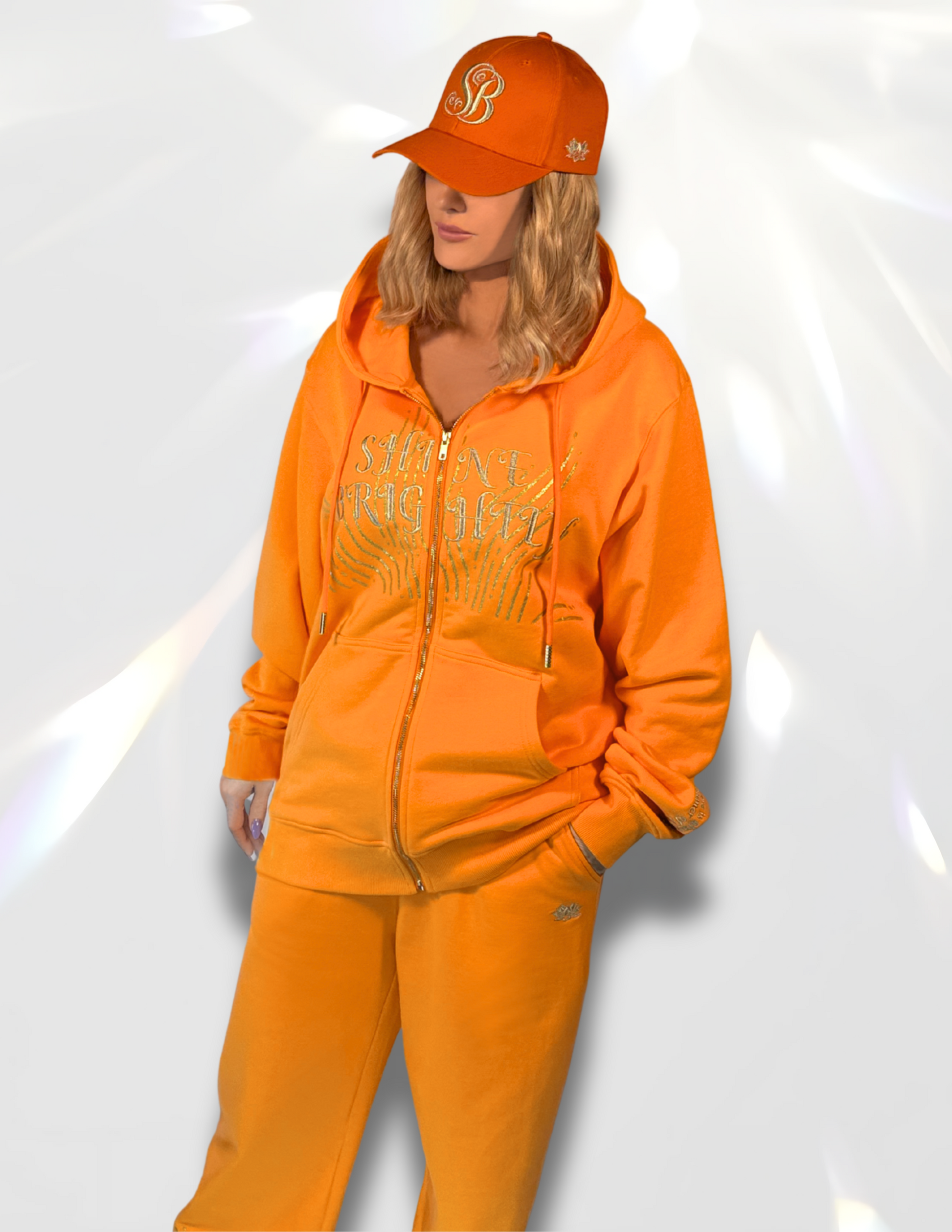 Shine Brightly Gold print Oversized orange Hoodie and matching set of sweatpants and hat – Spicy Bloom