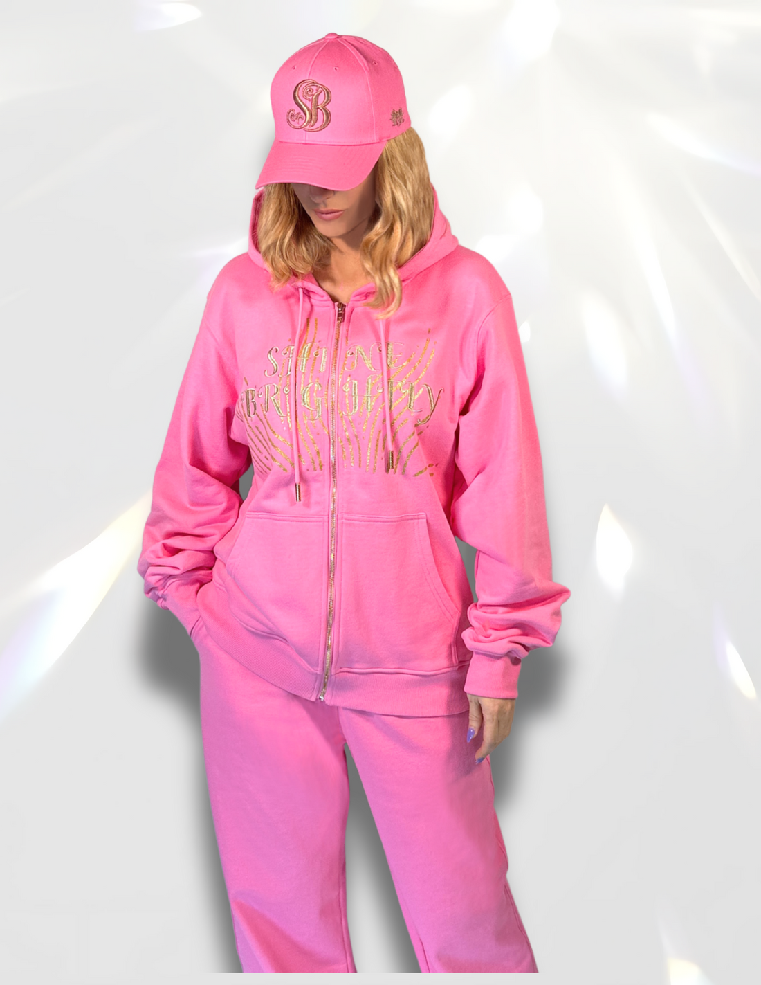 Pink Shine Brightly hoodie – gold glitter sun DTF print and metallic embroidery, matching set with sweatpants and hat .
