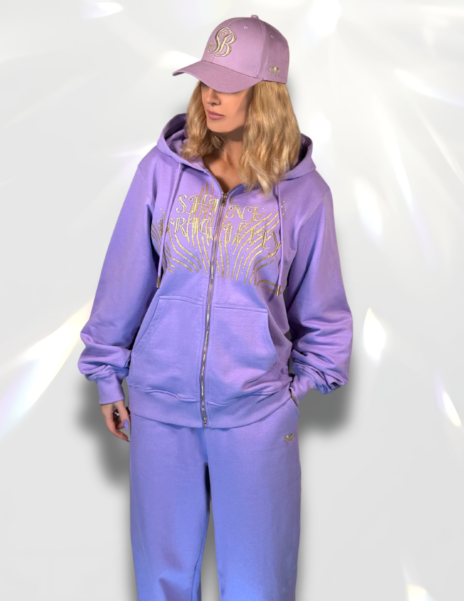 Shine Brightly Gold print and embroidery Oversized lilac Hoodie and matching set with sweatpants and hat – Spicy Bloom