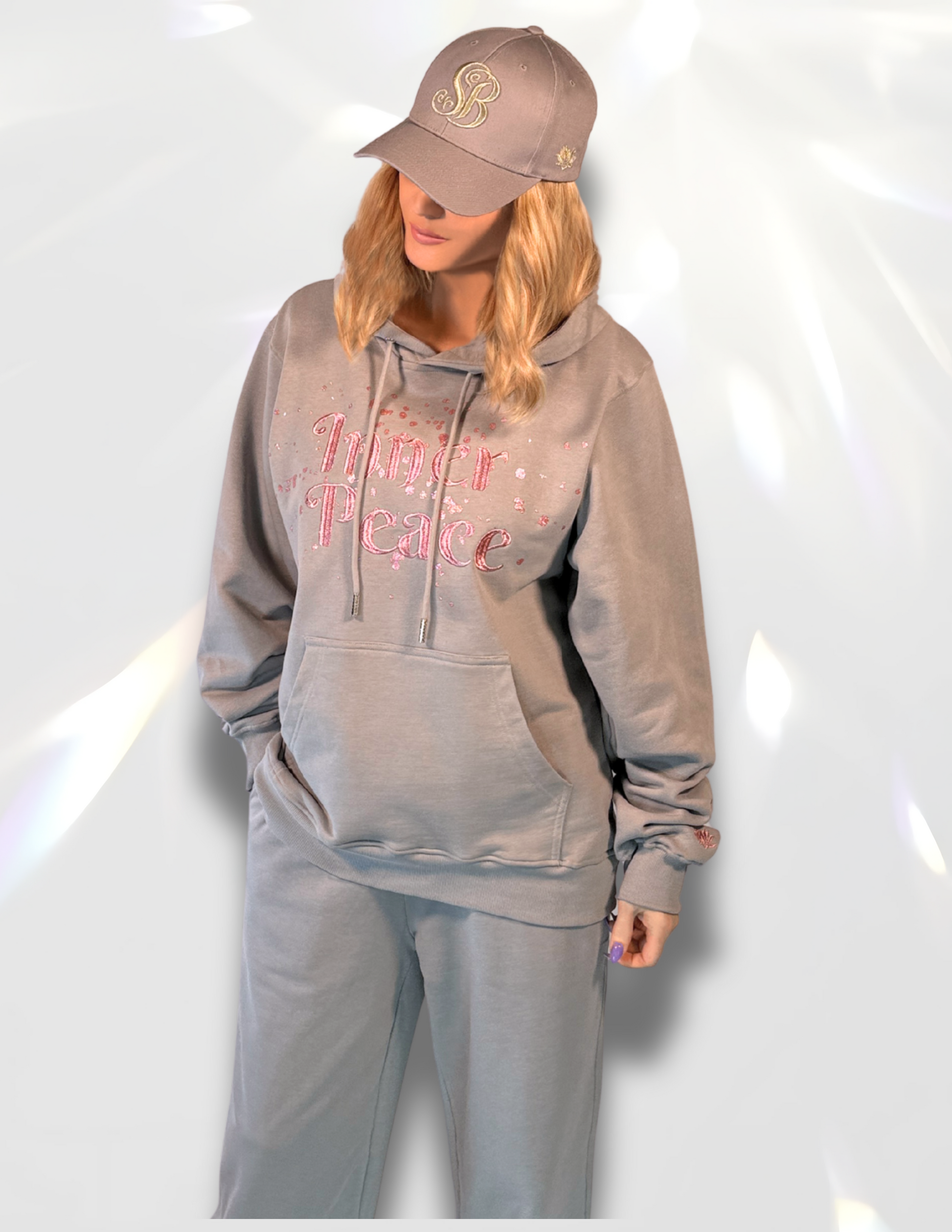 Gray Hoodie rose gold sparkle glitter print  and metallic inner peace embroidery with matching hat and pants